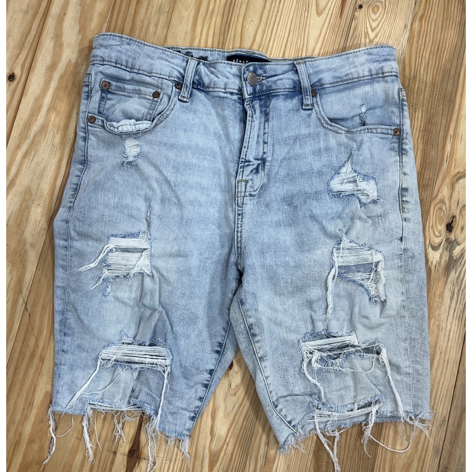 Aeropostale Aero Slim Short 9.5' Premium Air Denim 32 Blue Distressed