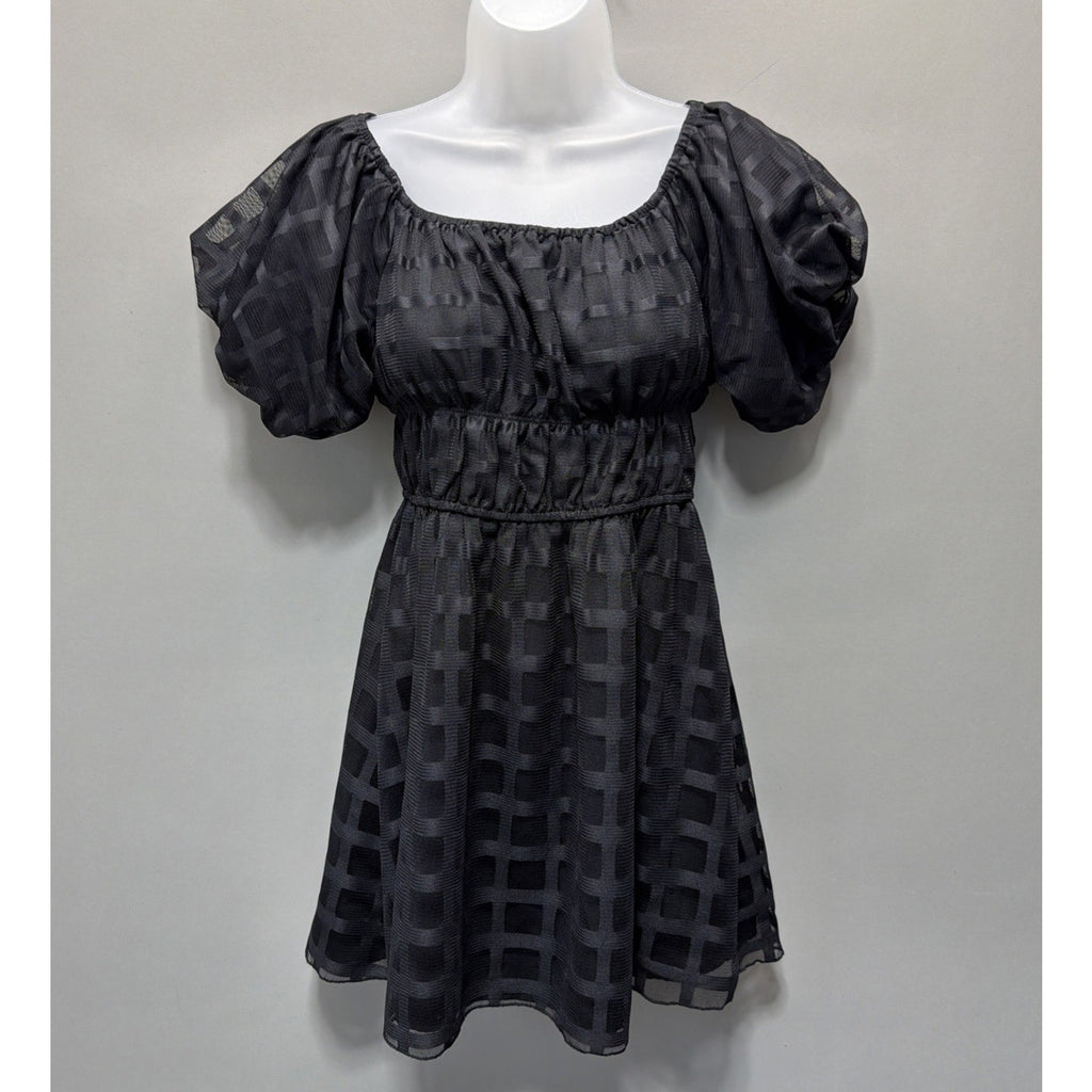Le Lis Collection Black Babydoll Dress M Puff Sleeve Square Neck Sheer Overlay