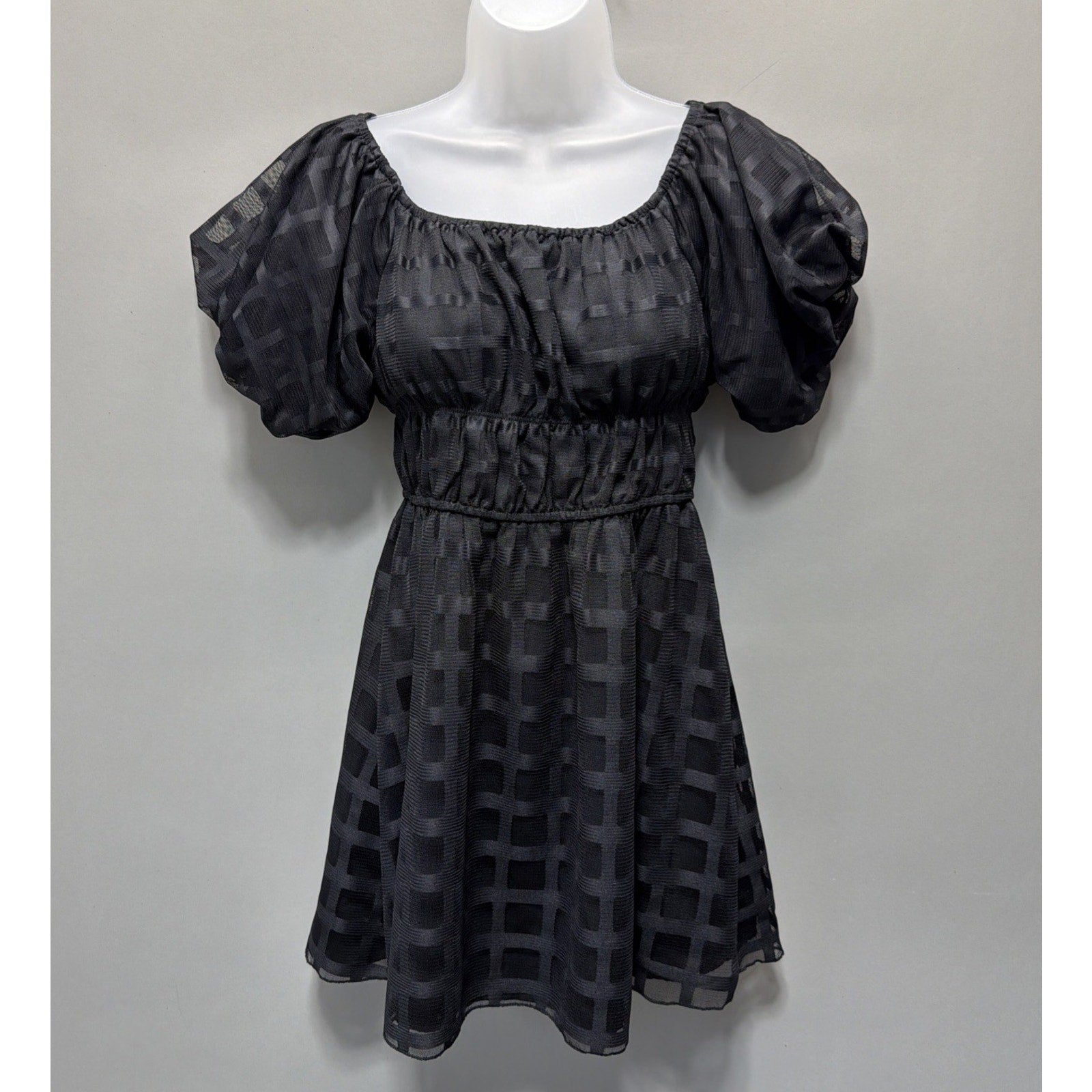 Le Lis Collection Black Babydoll Dress M Puff Sleeve Square Neck Sheer Overlay