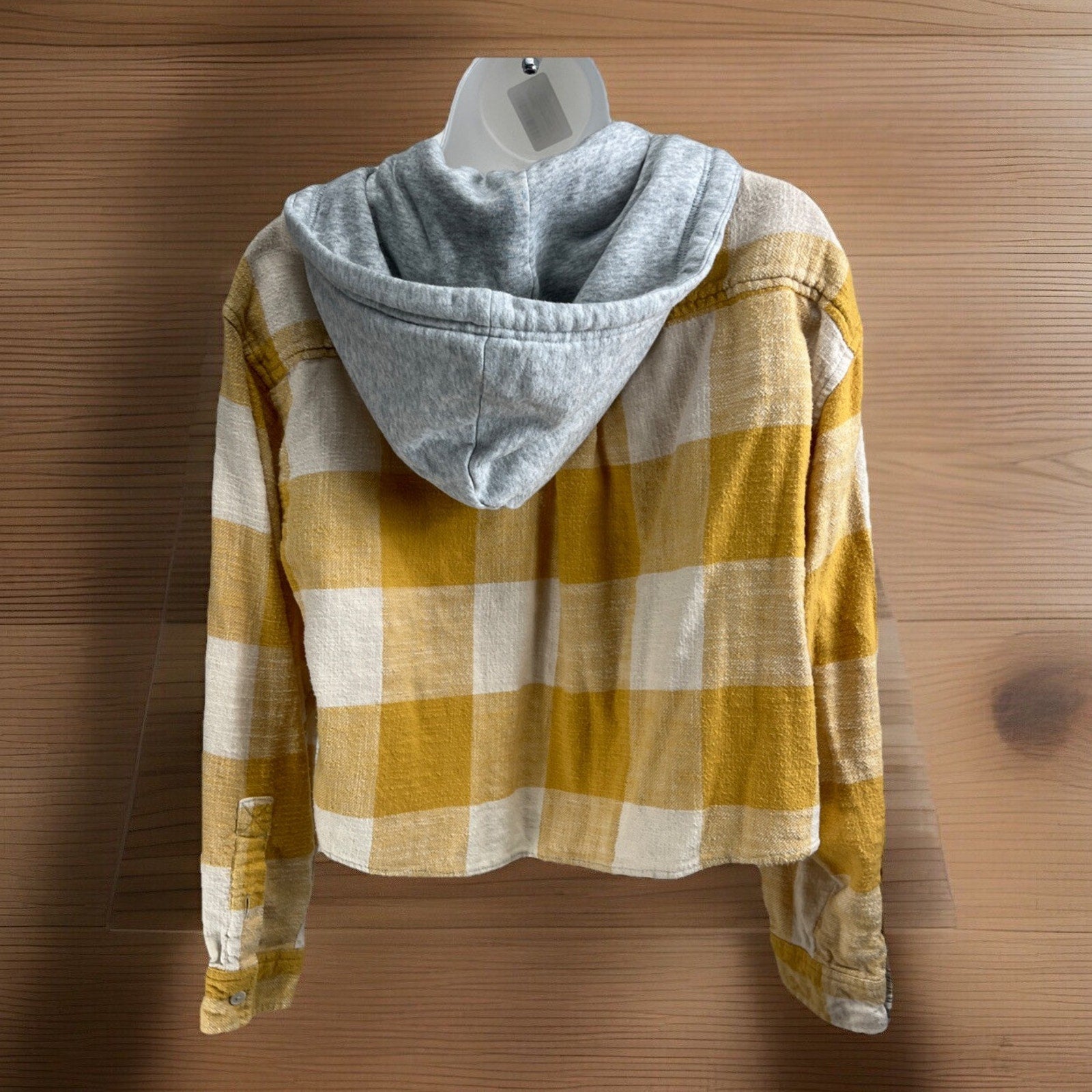 American Eagle Flannel Shirt Yellow Ivory Hooded Button Up Long Sleeve Size M