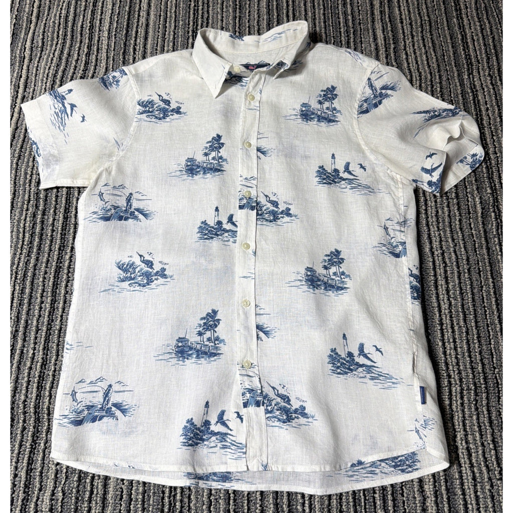 Vineyard Vines Shirt Mens M White 100% Linen Short Sleeve Casual Camp Fish Hunt