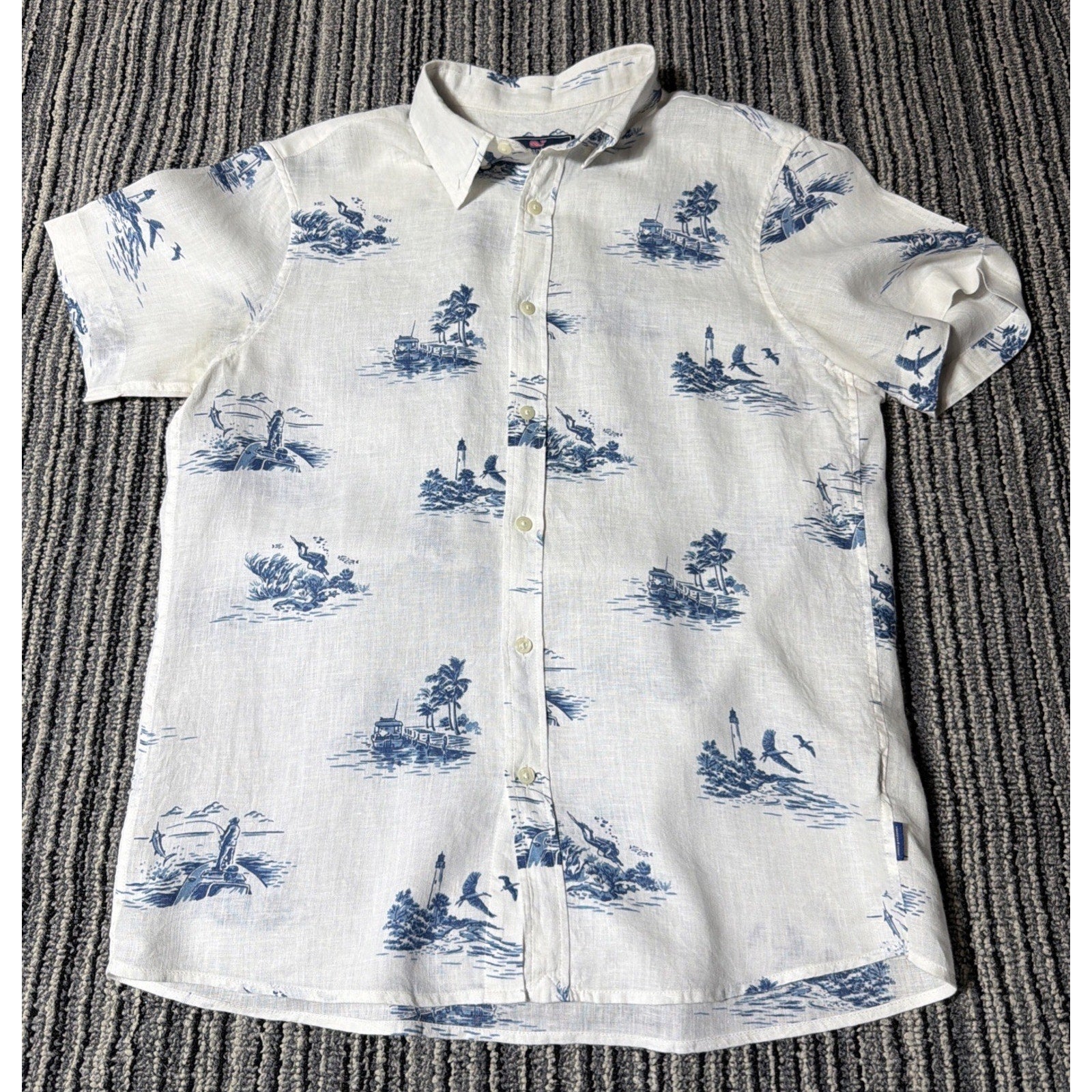 Vineyard Vines Shirt Mens M White 100% Linen Short Sleeve Casual Camp Fish Hunt