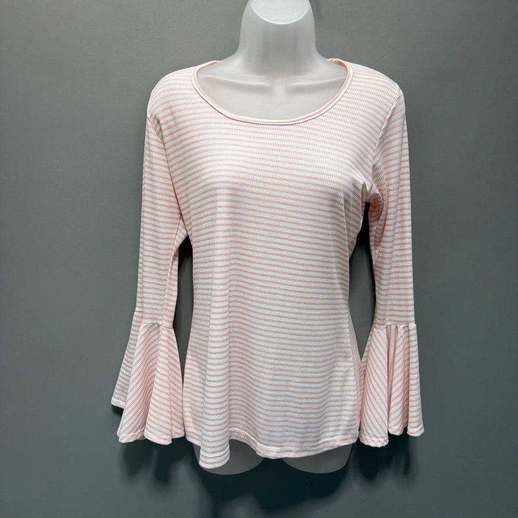BMG Womens Boho Top Size M White Peach Striped Bell Sleeves Blouse Tunic