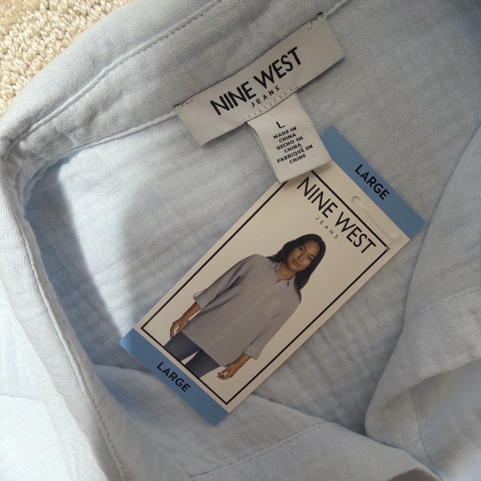 NWT NINE WEST Womens Large Ice Blue Gauze Long Sleeve Roll-Tab Cotton Shirt
