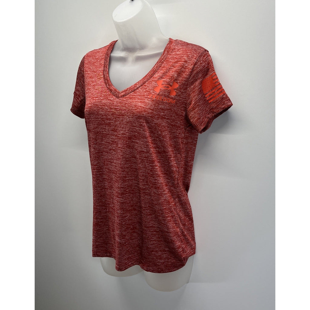 🌞 Under Armour Shirt Women's V Neck XS Loose Fit Freedom American Flag Red