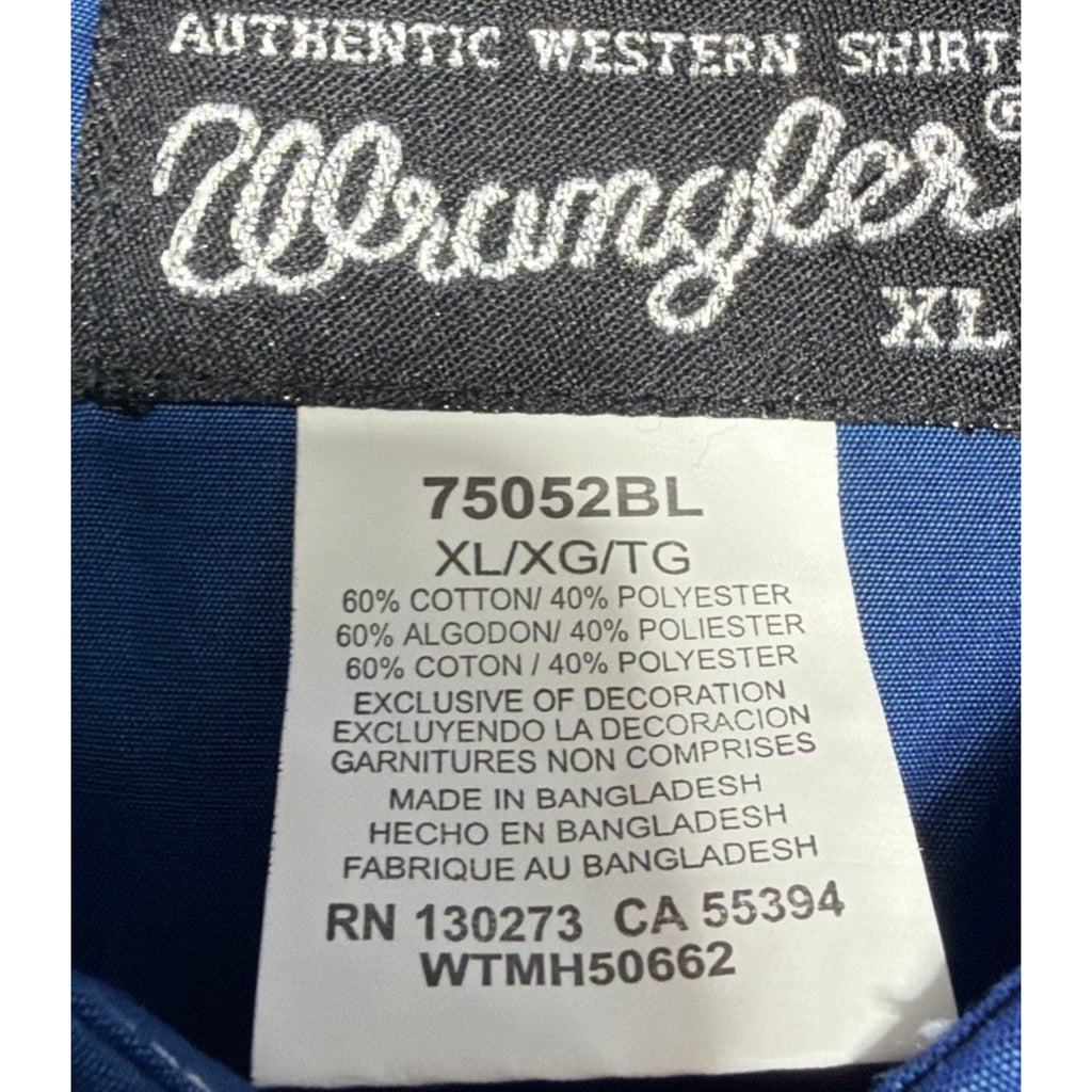 Wrangler Mens XL Blue Western Snap Shirt Embroidered Cowboy Rodeo Pearl Snaps