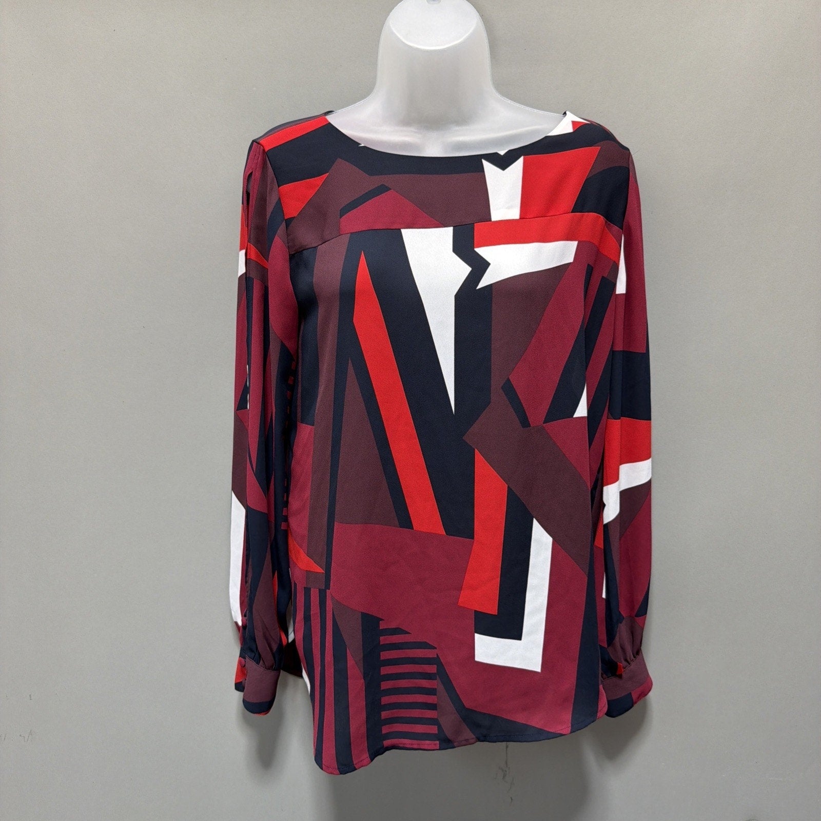 Loft Womens sz S Top Red Black Geometric Long Sleeve Wide Neck Pullover Blouse