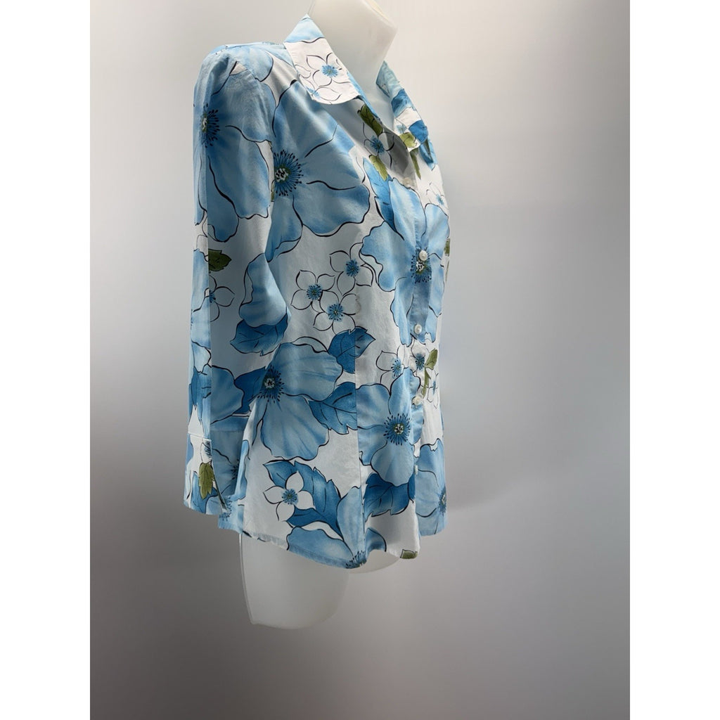 Talbots Blue Green Tropical Palm Tree Beach Blouse Shirt Top Travel Women’s M