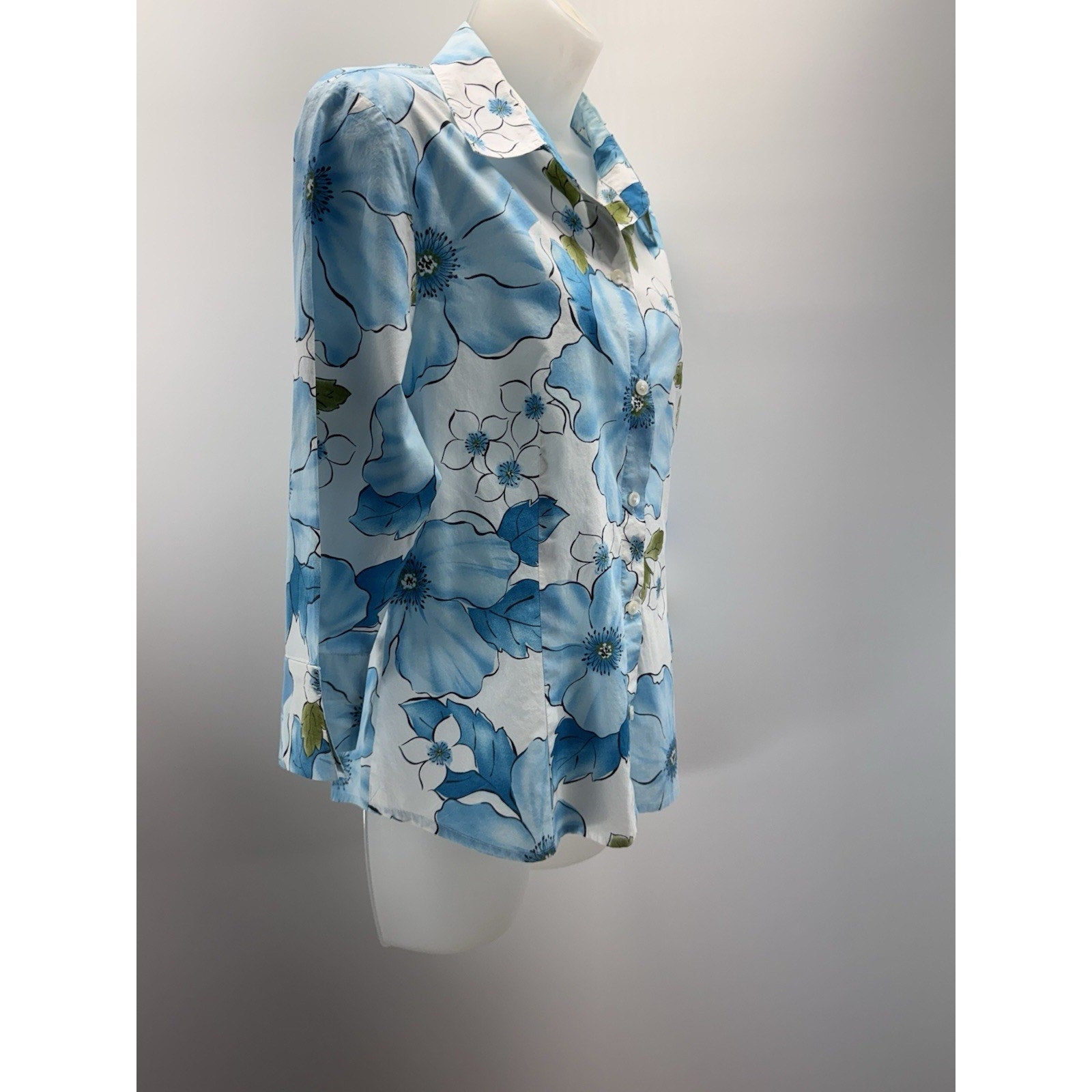 Talbots Blue Green Tropical Palm Tree Beach Blouse Shirt Top Travel Women’s M