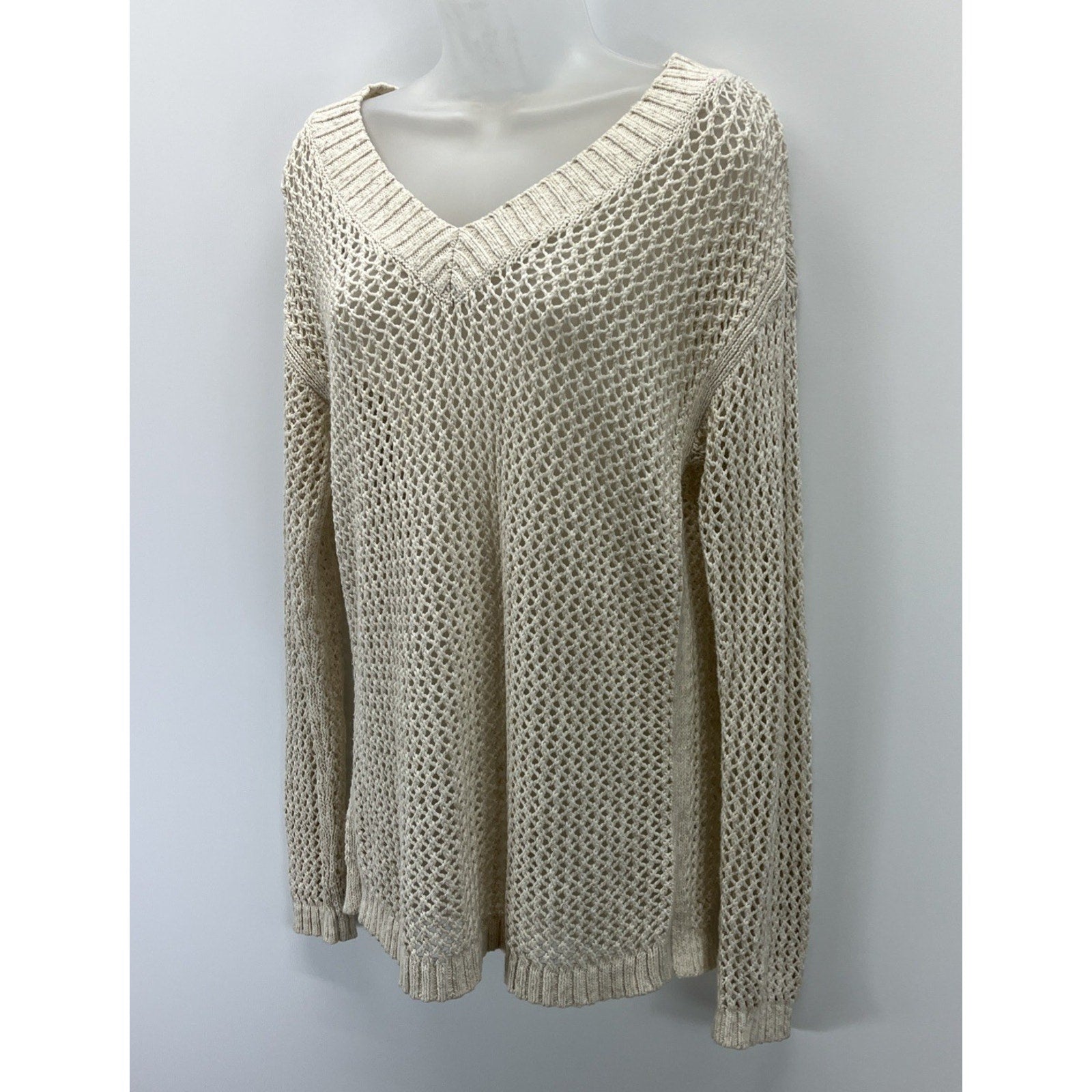 Talbots Oatmeal Chunky Knit Open Knit Crochet V-Neck Long Sleeve Sweater S