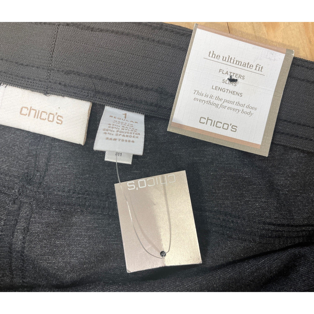 CHICO'S NWT! Dark Heather Gray THE ULTIMATE FIT Ponte Knit Flared Leg Pants Sz 1