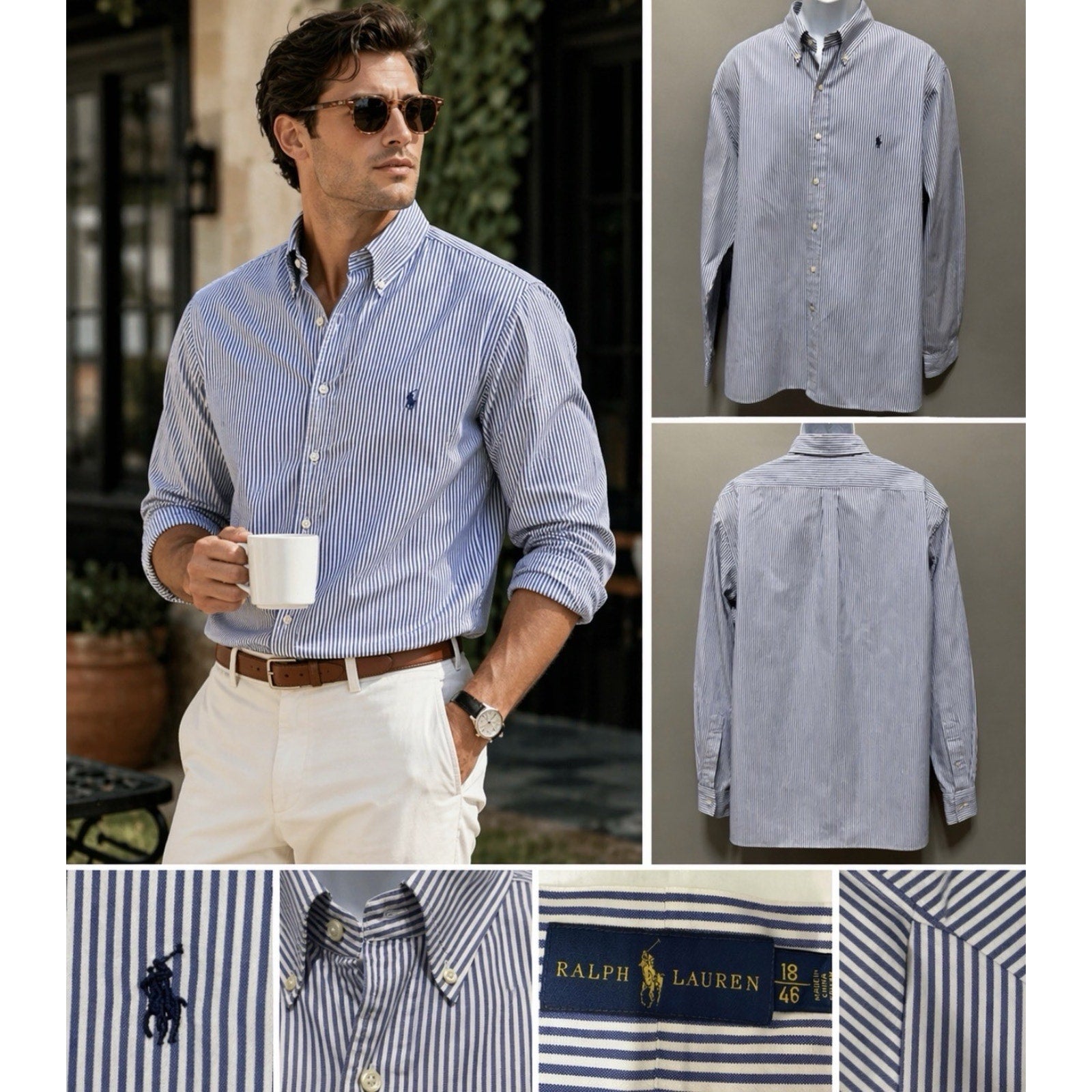 Ralph Lauren Mens Size 2XL 18 / 46 Striped Oxford Shirt Blue 100% Cotton