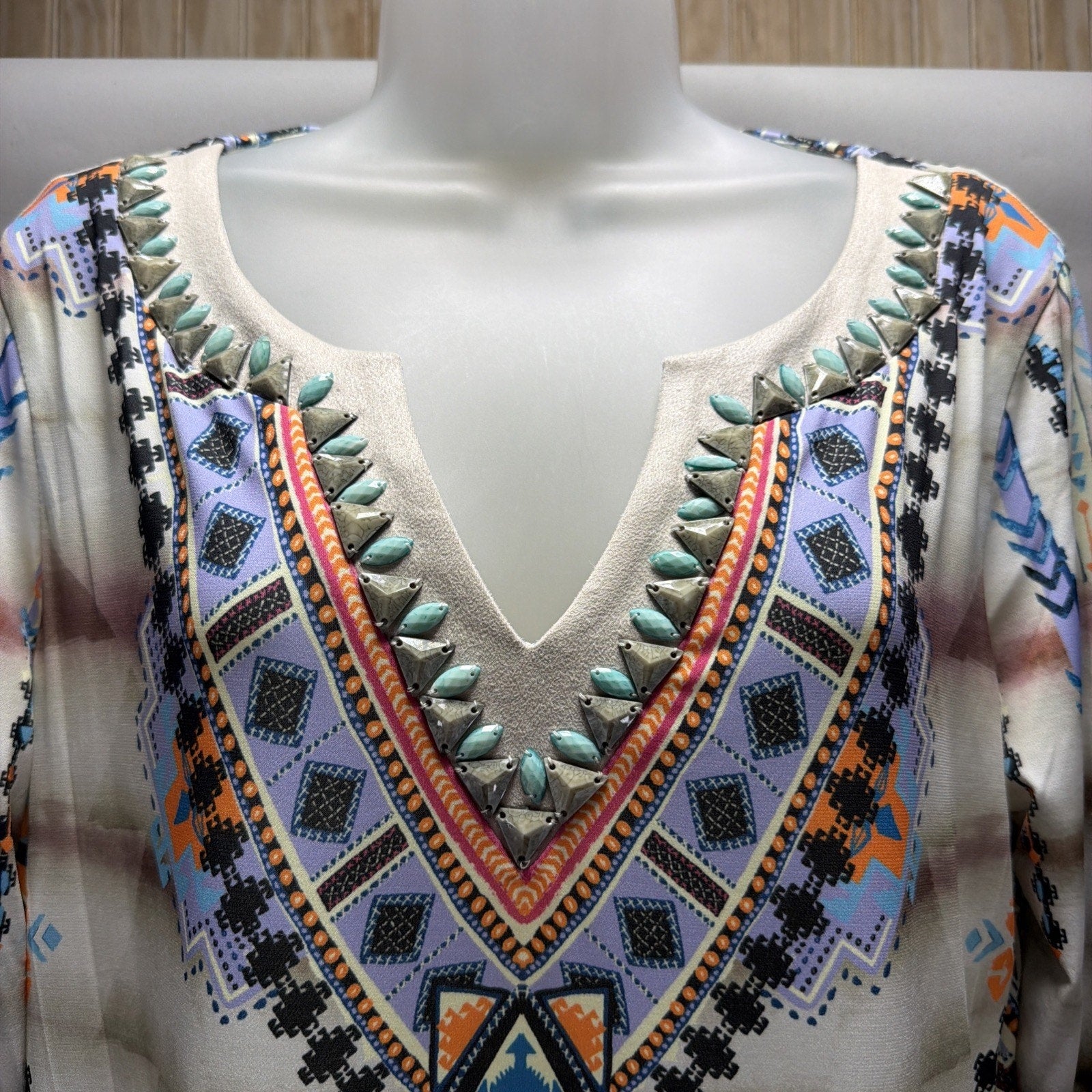 Hale Bob V-Neck Long Sleeve Dress Stretch Knee Length Beaded Multicolor Large