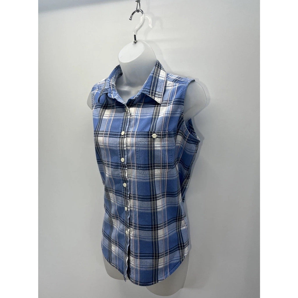 Cabin Creek Womens Blue Plaid Sleeveless Collared Button-Up Shirt Size Petite L