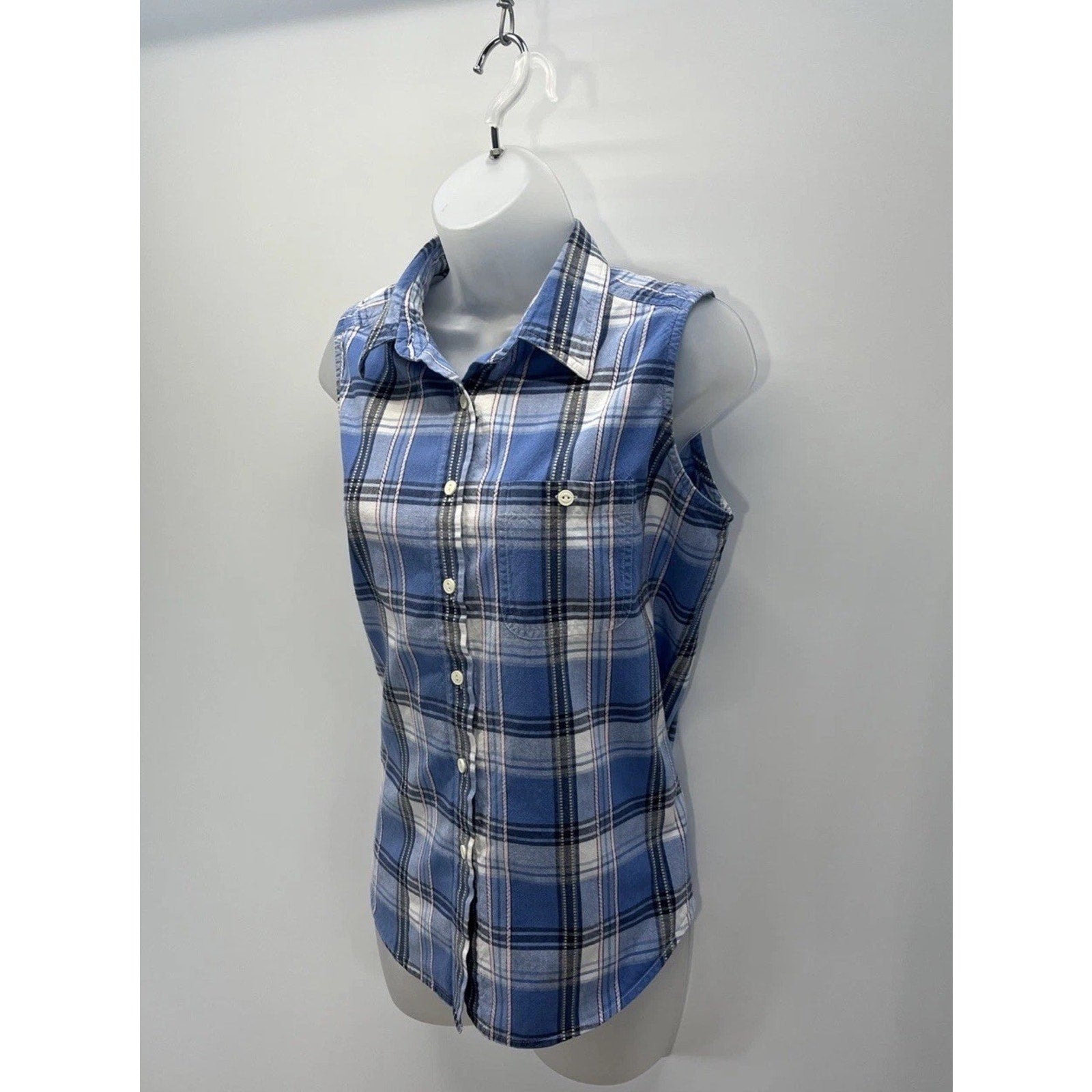 Cabin Creek Womens Blue Plaid Sleeveless Collared Button-Up Shirt Size Petite L