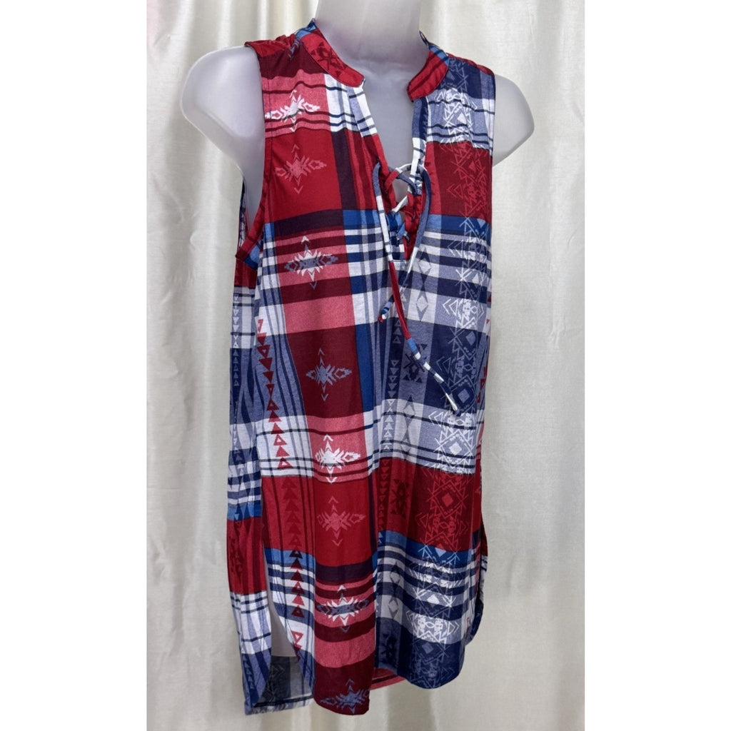 Almost Famous Blouse Women's Medium Plaid Sleeveless Lace Up Red & Blue Button