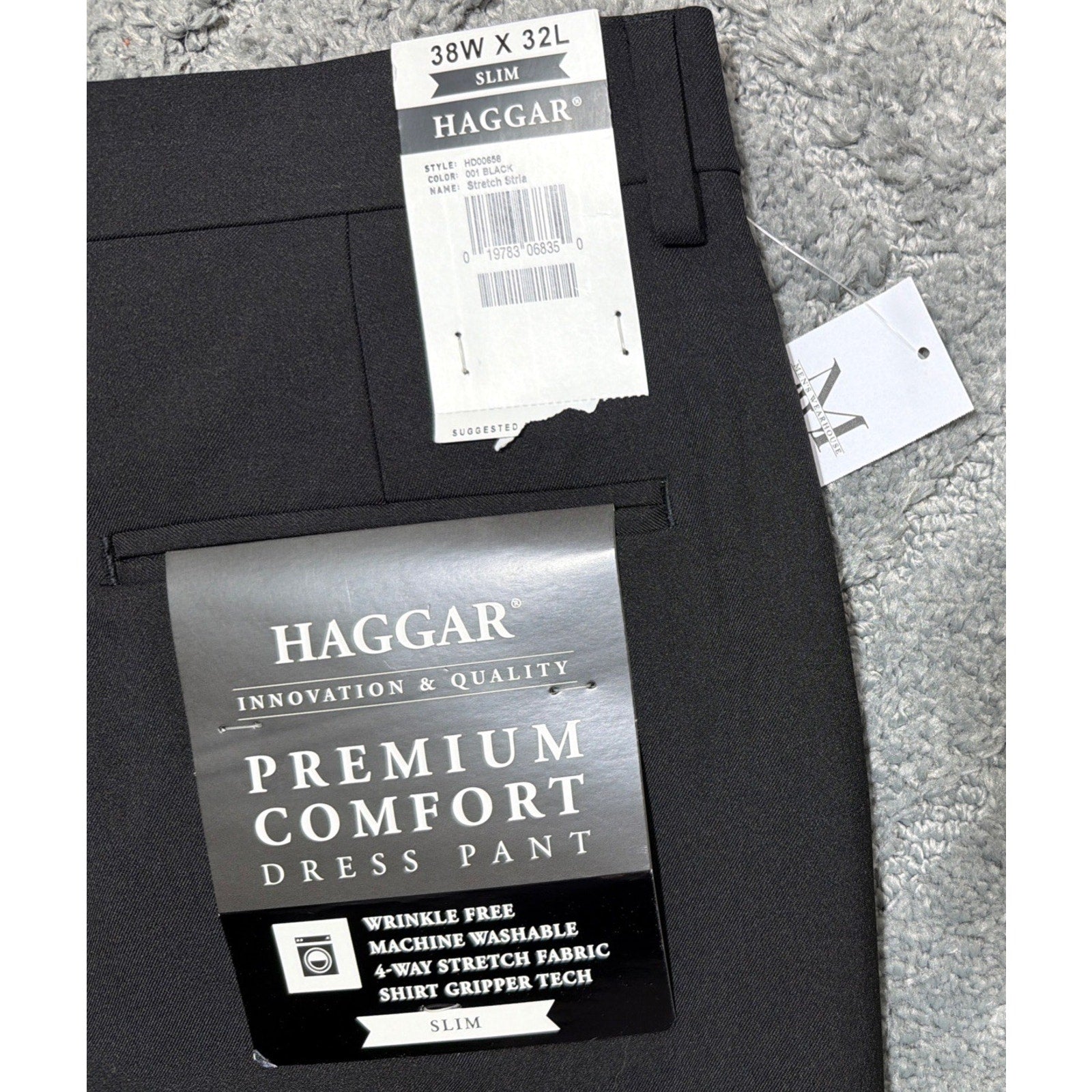 Haggar Mens Slim Fit 4-Way Stretch Flat Front Pants Black 38x32 New