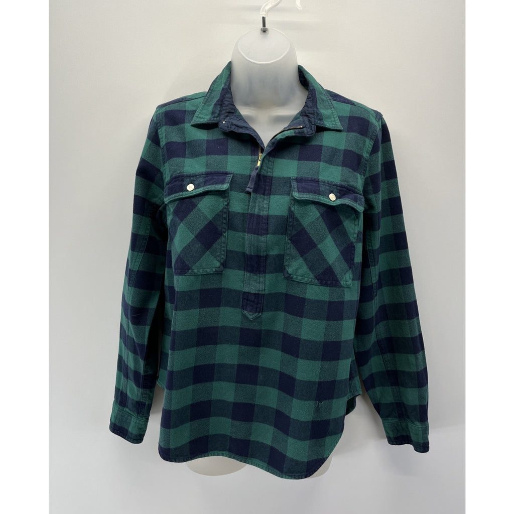 J. Crew Plaid 100% Cotton Half Zip Flannel Shirt Green Blue S