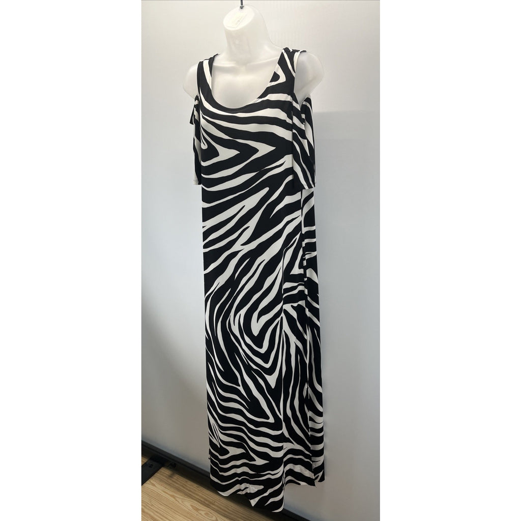 Chicos Dress Women's 1 M Black White Zebra Print Maxi Cold Shoulder Casual
