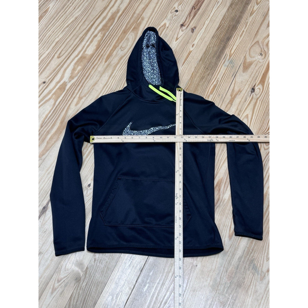 NIKE Hoodie Womens Small Black Pullover Fleece Hooded Therma-Fit Center Check