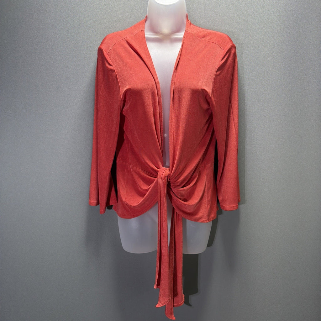 Vtg Chicos Travelers Womens Cardigan Sz L Red 3/4 Sleeve Tie Front Slinky USA