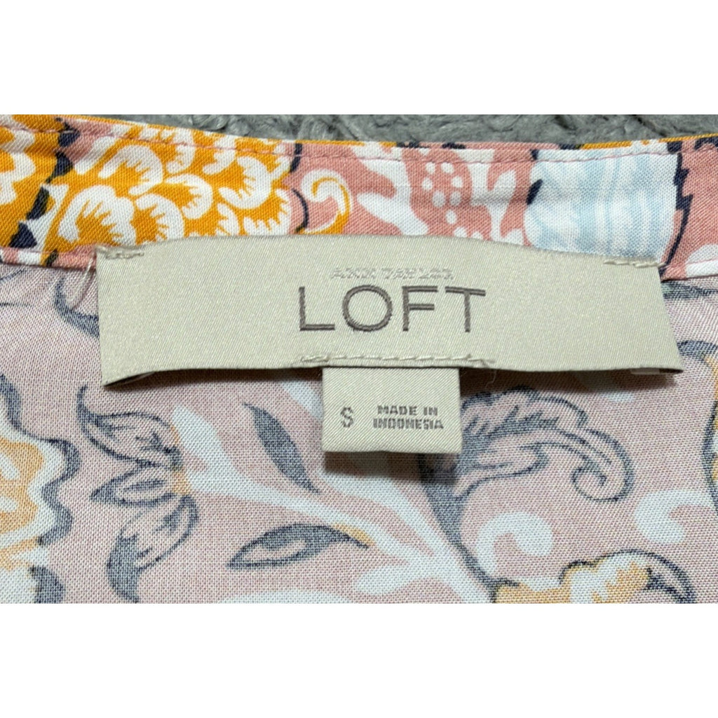 LOFT Floral Sleeveless Dress Small Pink Boho Ruffle Hem Button Front Summer