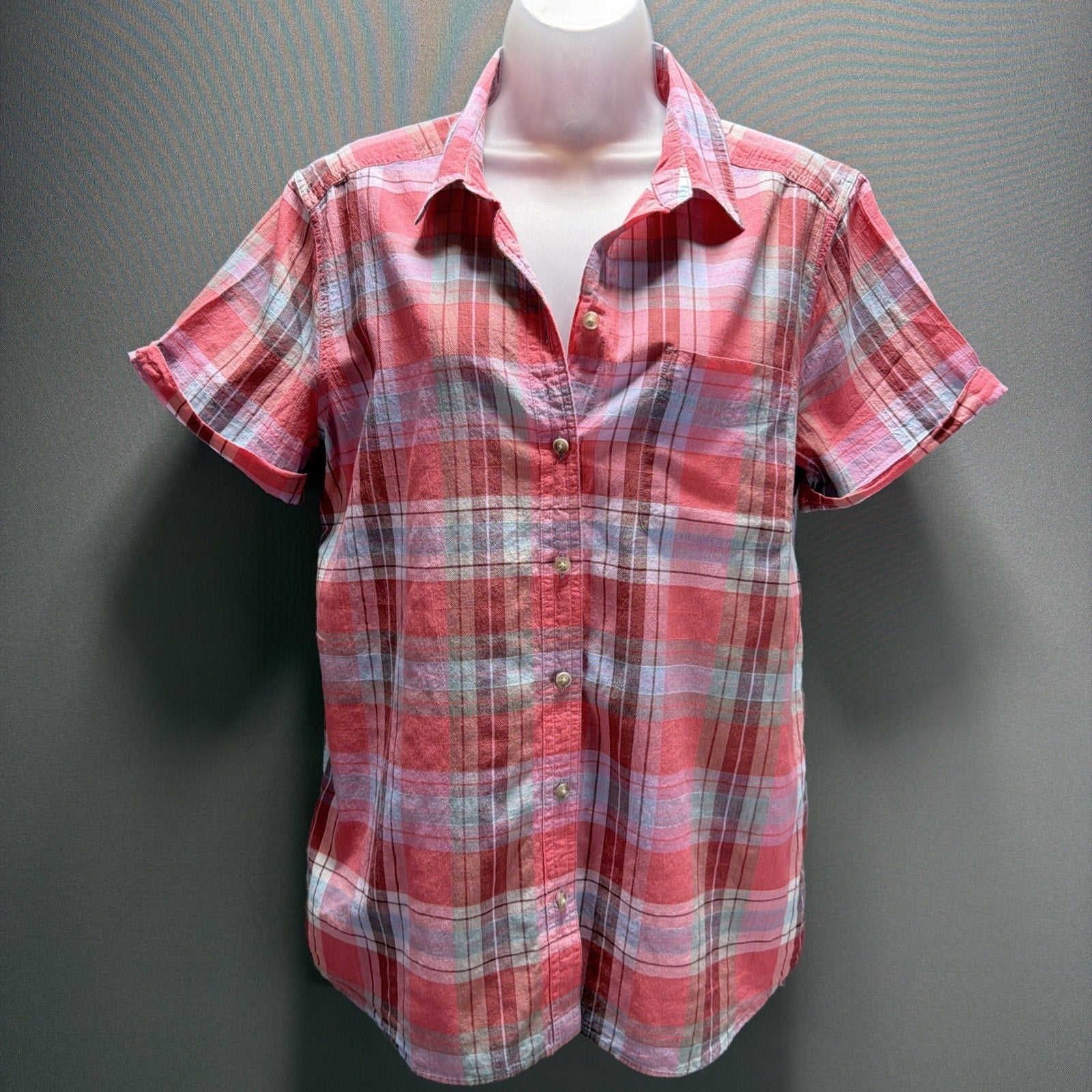 Eddie Bauer Shirt Women L Pink Plaid Button Up Collared Short Sleeve Stretch