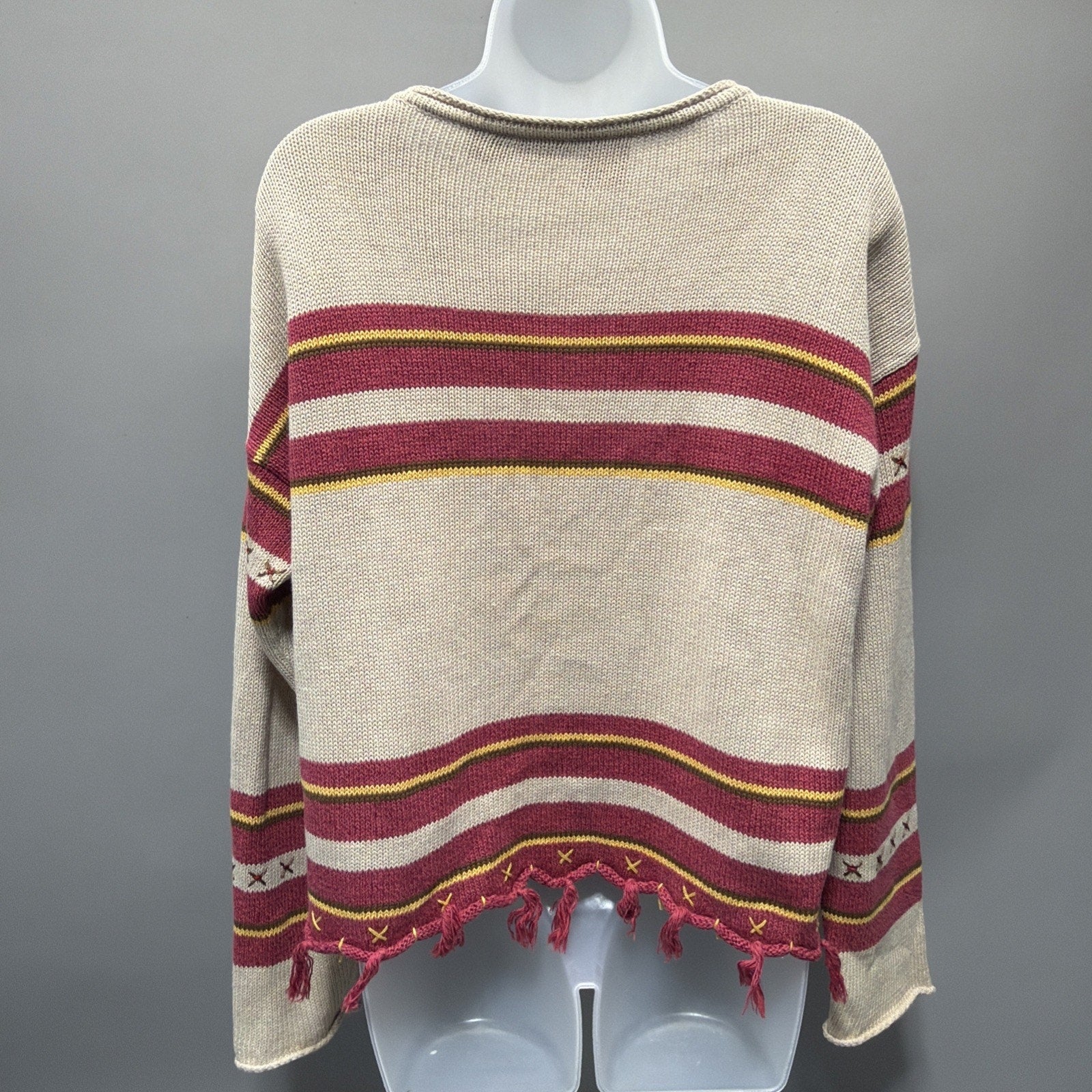 Vintage 1990s Liz Claiborne Knit Cardigan Floral Embroidery Geometric fringe S