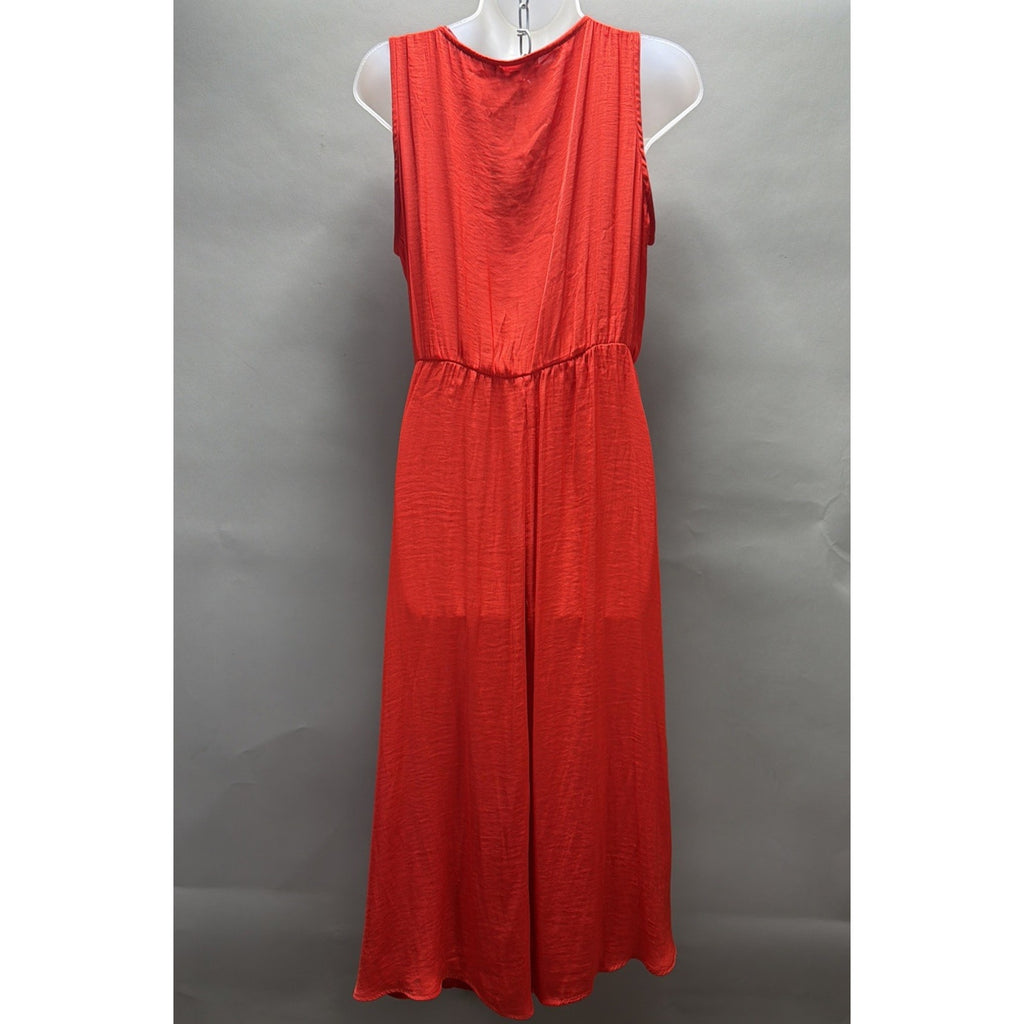 NWT Cortefiel Women M Coral Tie Front Midi Dress Sleeveless V Neck Resort