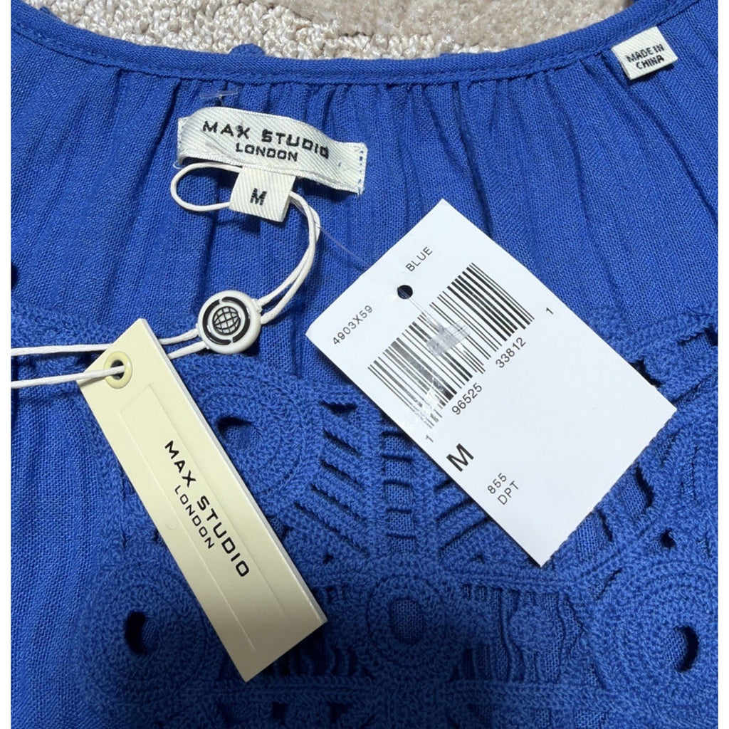 MAX STUDIO London M Blue Maxi Sleeveless Gauze Tiered Lace Dress NWT