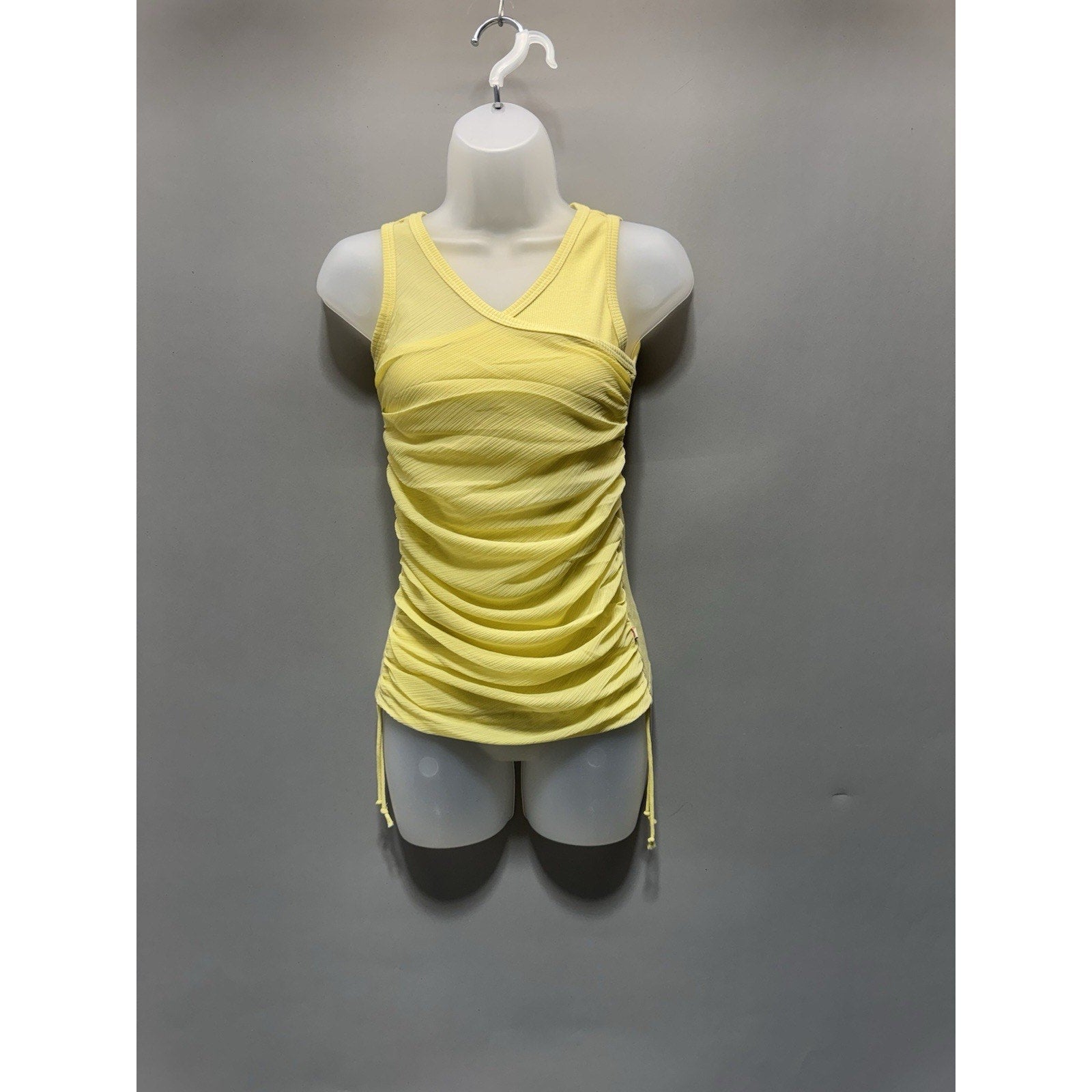 AKDMKS Natalia Ruched Asymmetric Tank Top Yellow Ribbed Sleeveless Side Tie