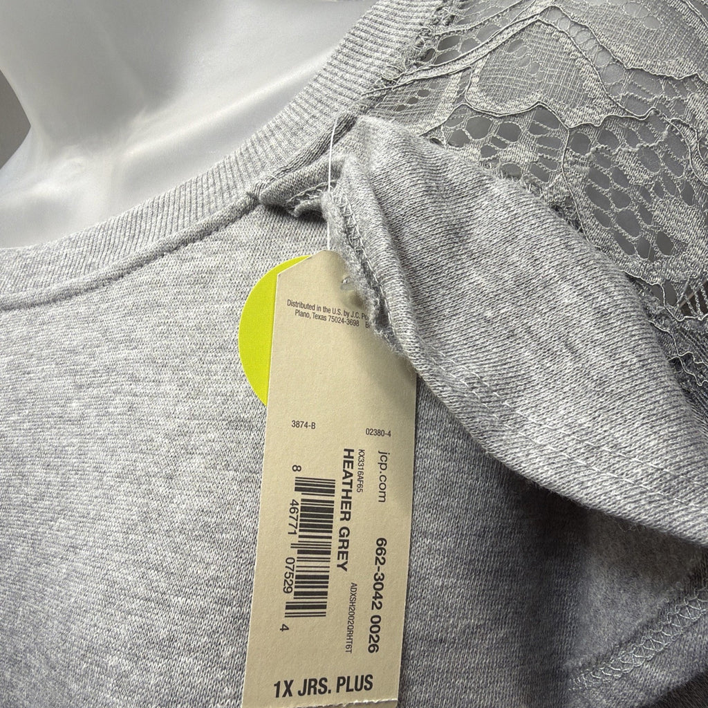 Arizona Jeans Grey Ruffle Lace Long Sleeve Tunic Sweatshirt Juniors Plus Size 1X