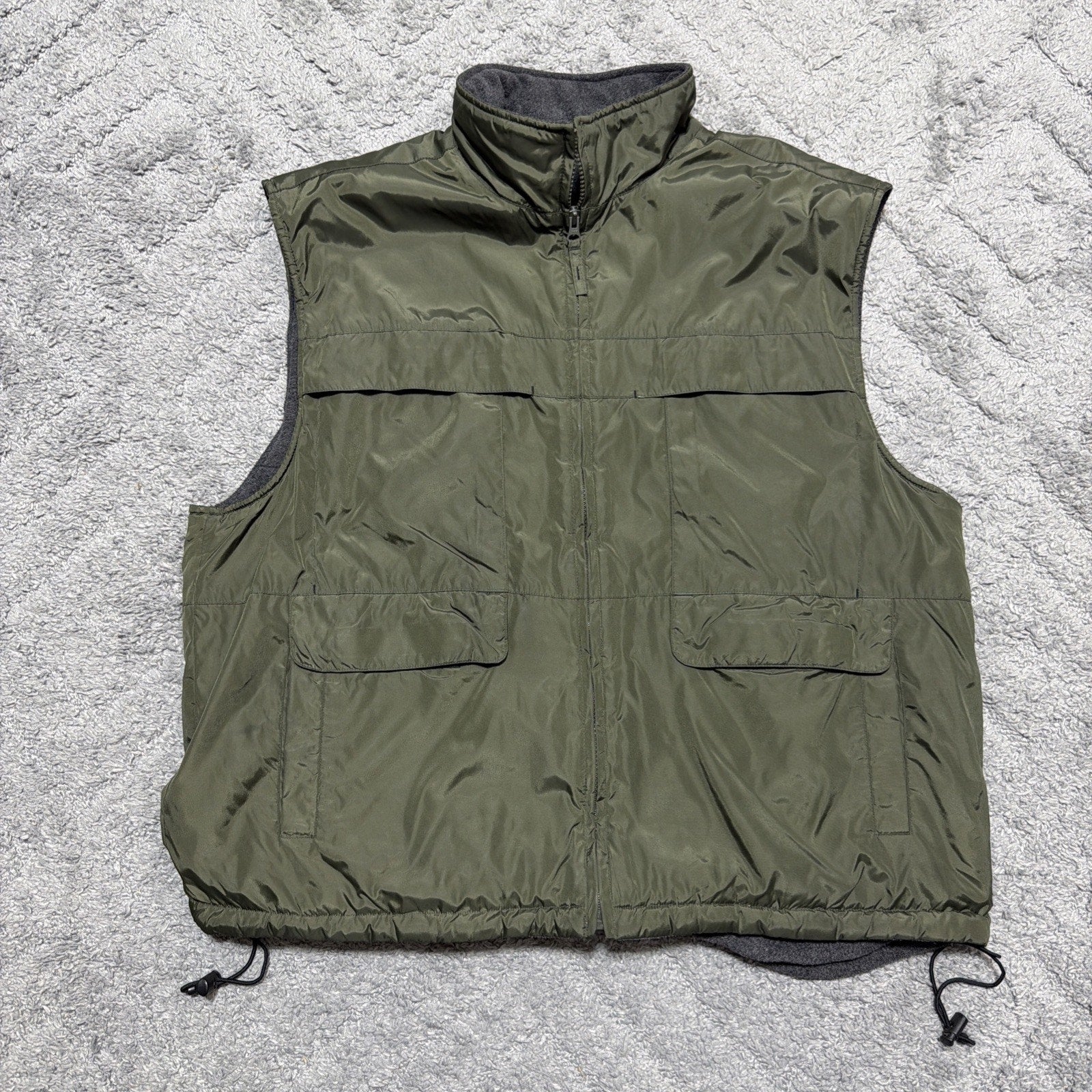 Old Navy Nylon Vest Mens Size XL Fleece Lined Green Cord Lock Waist Full Zip