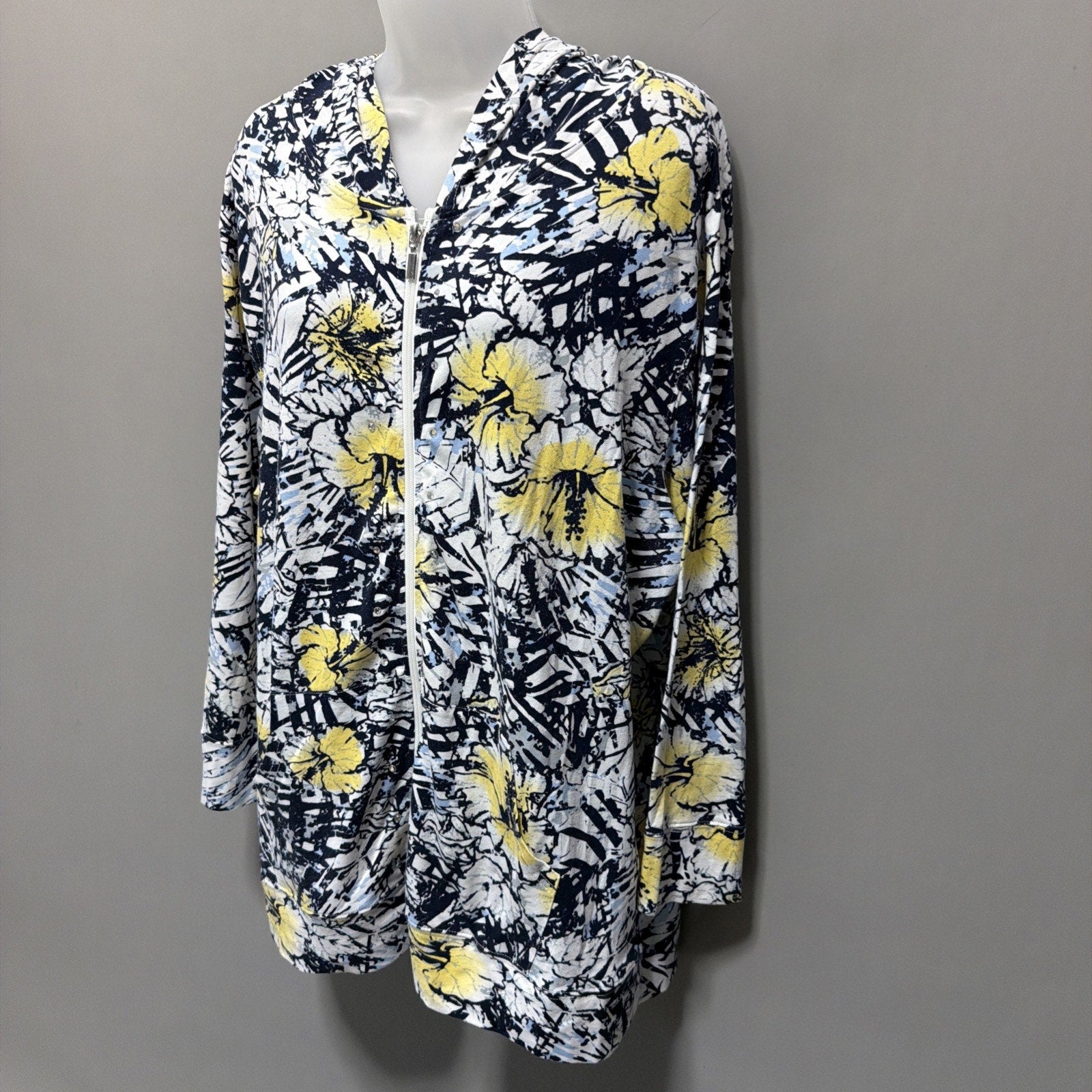 Palm Harbour Plus 1X Hooded Floral Rhinestones Full Zip Long Sleeve Spring