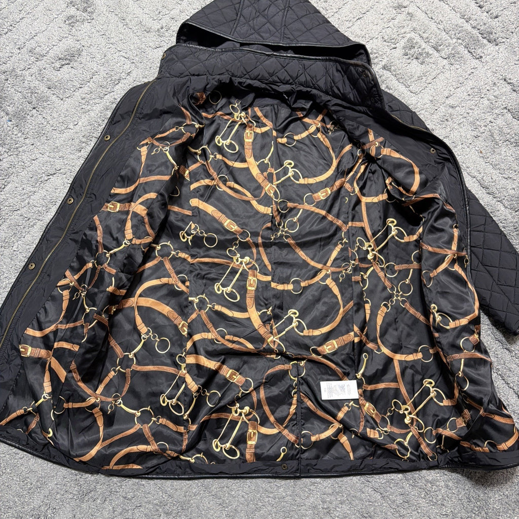 Lauren Ralph Lauren Black Label Quilted Vegan Leather Trim Hooded Coat Size M