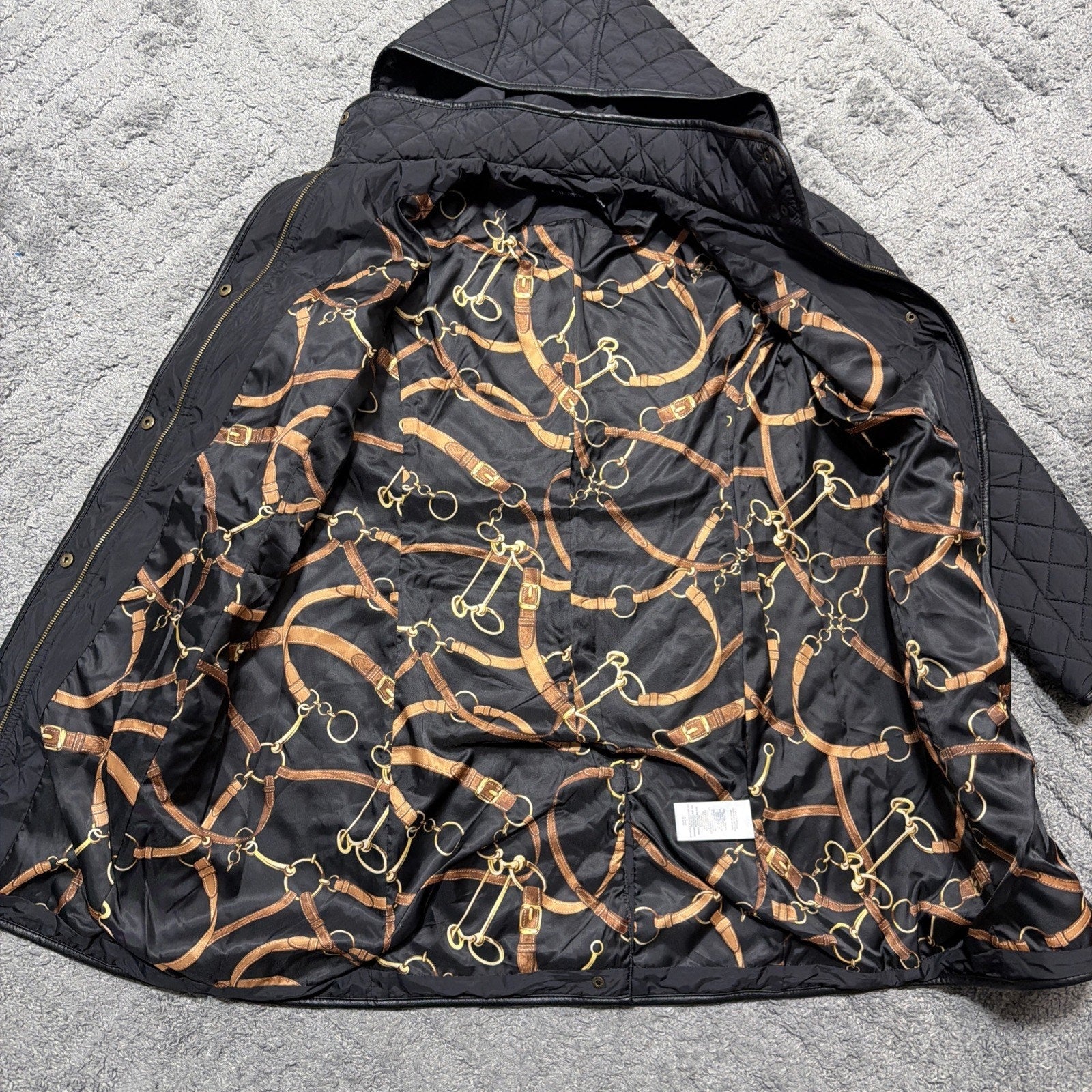 Lauren Ralph Lauren Black Label Quilted Vegan Leather Trim Hooded Coat Size M