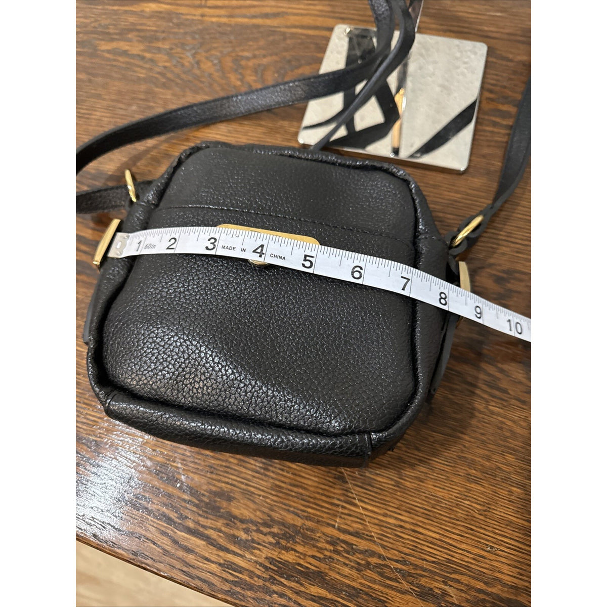 Mixed Bag Designs Black Leather Crossbody Bag Gold Finials Long Strap 7"