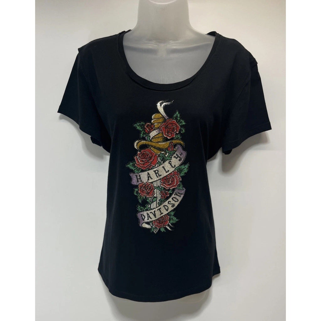 Harley Davidson T-Shirt Rhinestone Made In Usa XL Black Red Pichi T