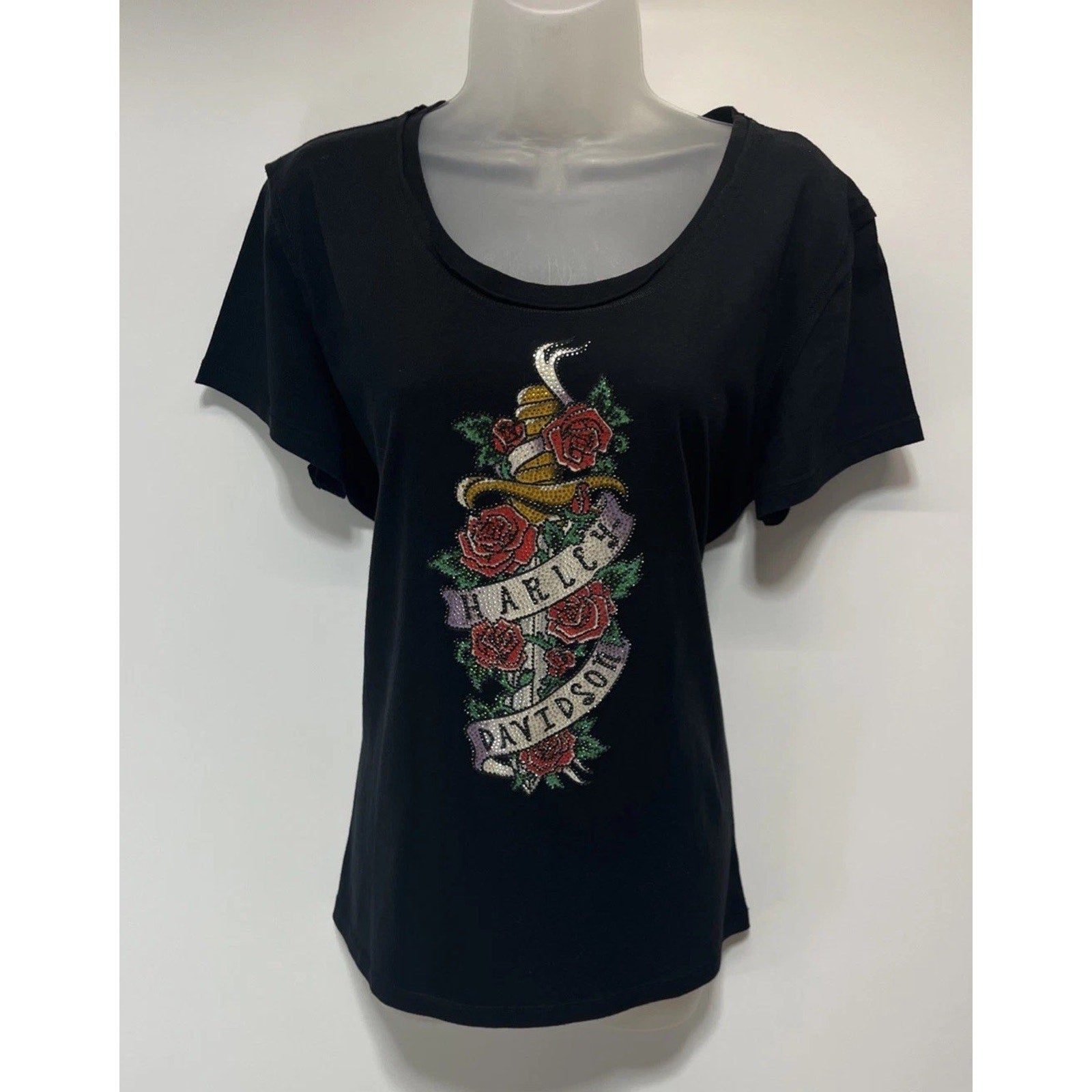 Harley Davidson T-Shirt Rhinestone Made In Usa XL Black Red Pichi T