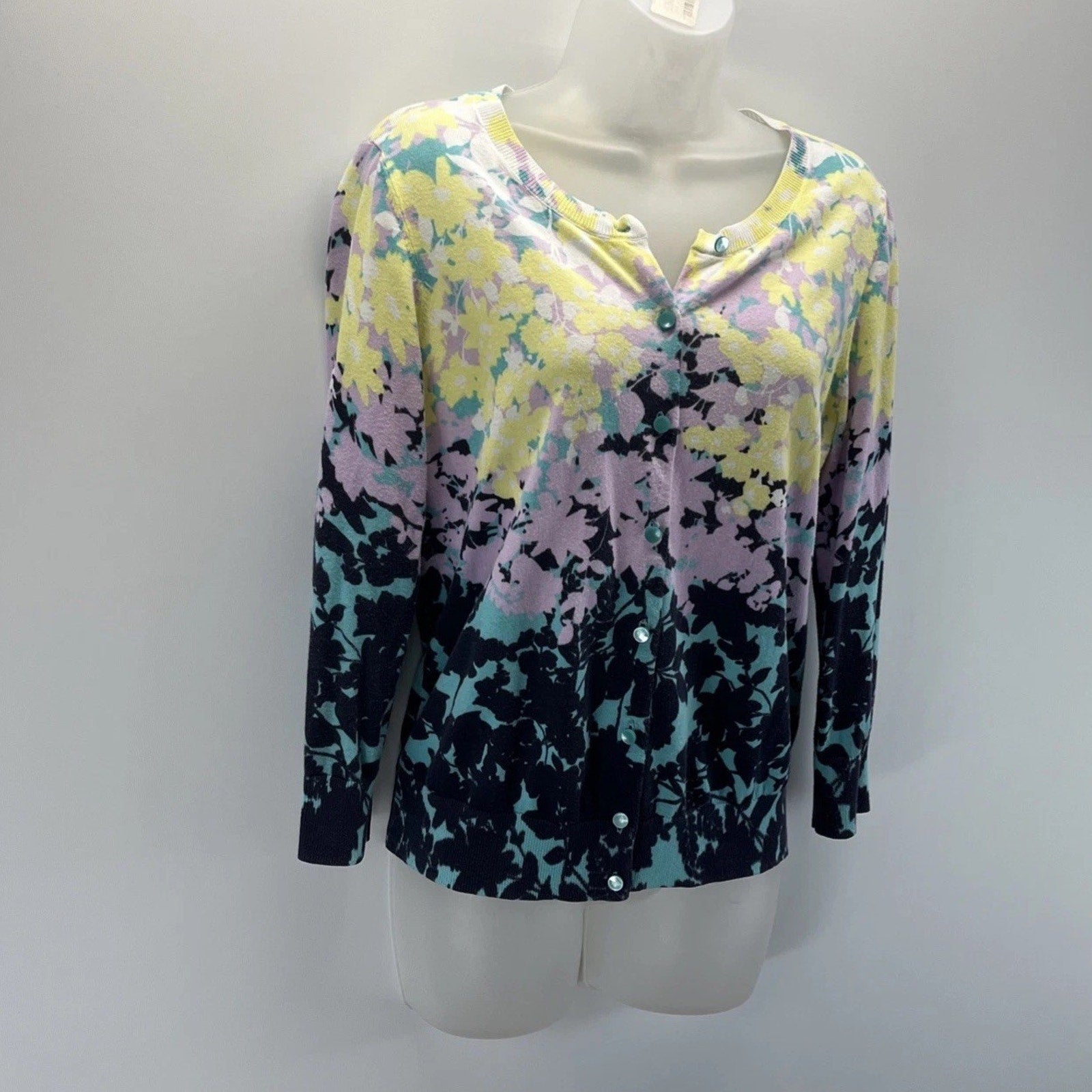 Talbots Floral Cardigan Sweater Button Up 3/4 Sleeve Cotton Rayon Size M