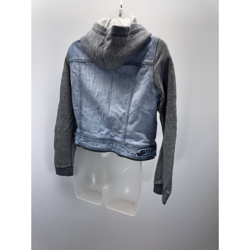 American Eagle Hooded Denim Jacket Size Juniors Medium Gray Fabric Sleeves