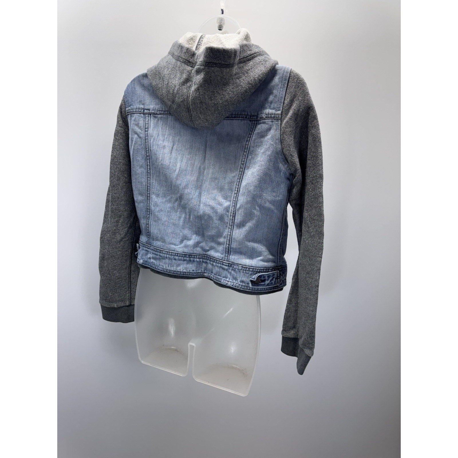 American Eagle Hooded Denim Jacket Size Juniors Medium Gray Fabric Sleeves