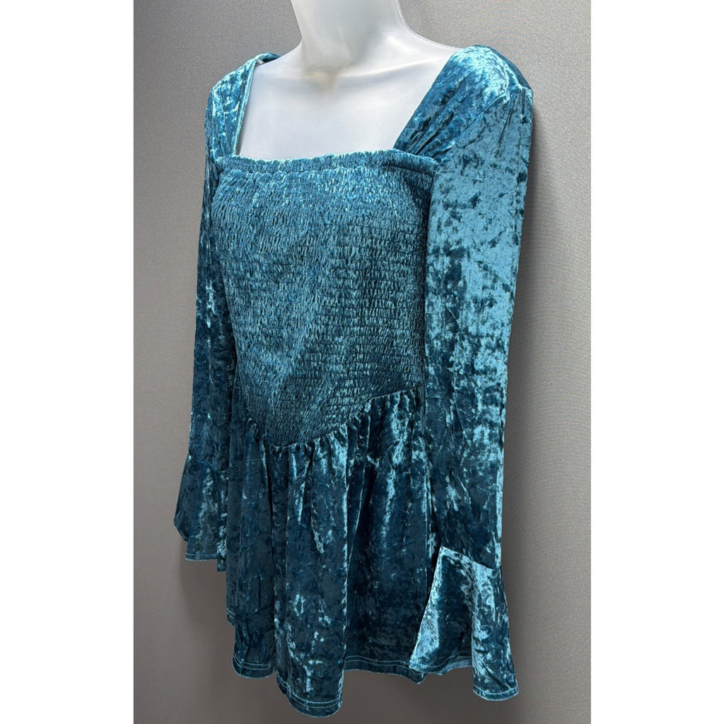 New! Kori America Romper Turquoise Velvet Bell Sleeve Mermaidcore Sz M Stretch