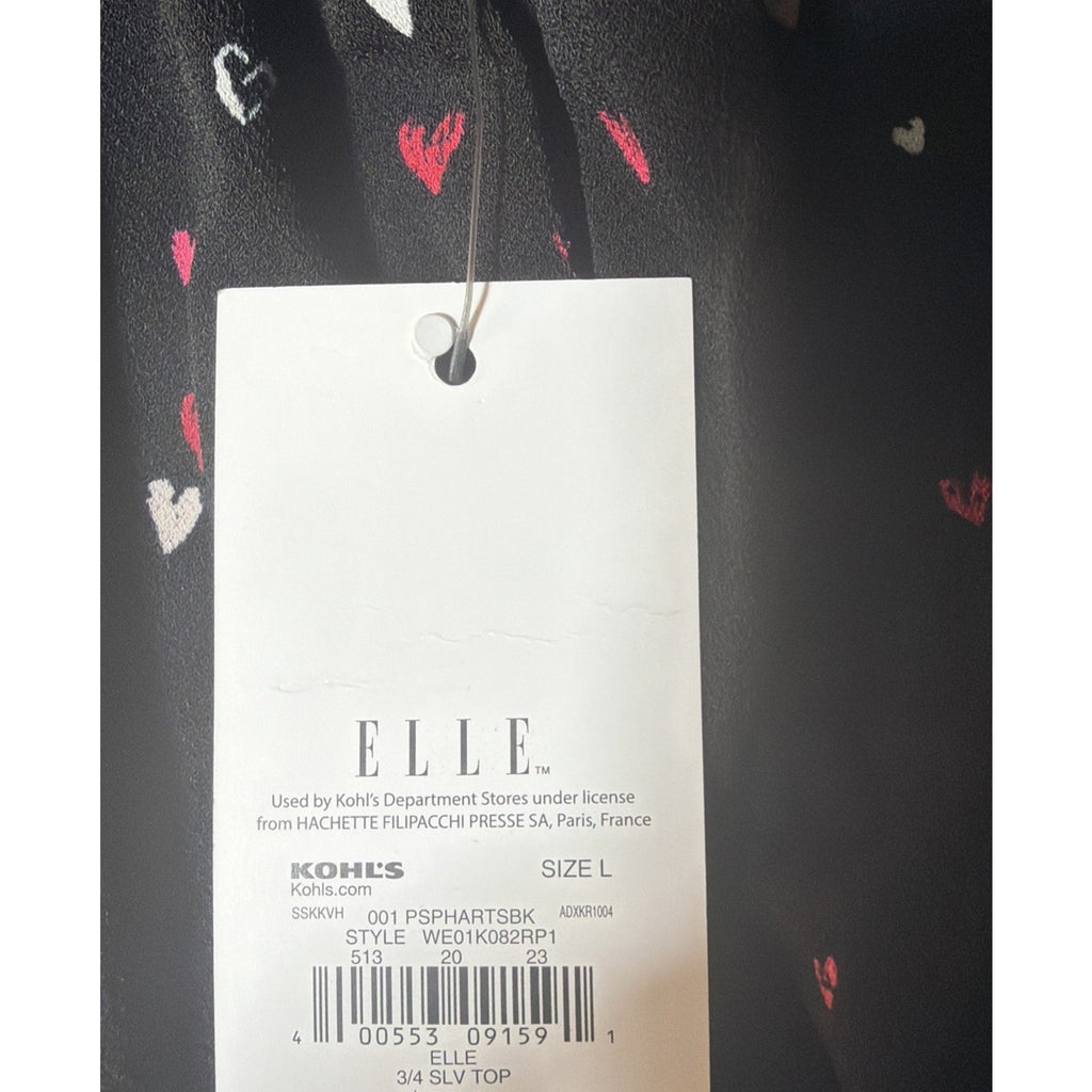 Elle Women's Blaxk Heart Print Scoop Neck 3/4 Bell Sleeve Blouse L Stretch NWT