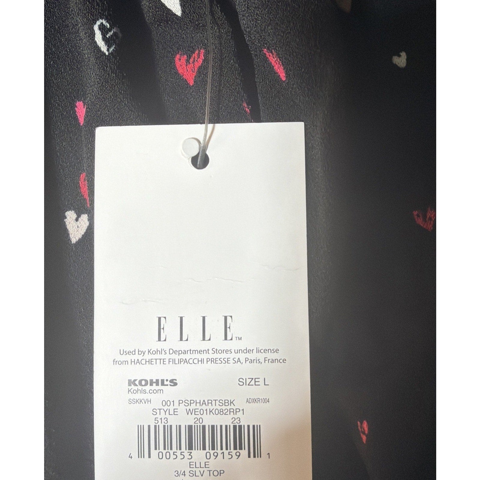 Elle Women's Blaxk Heart Print Scoop Neck 3/4 Bell Sleeve Blouse L Stretch NWT
