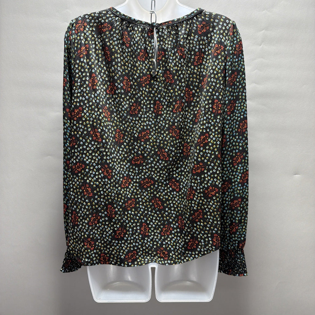 LOFT Black Red Blue Floral Long Sleeve Elastic Wrist Blouse Top Sz XS