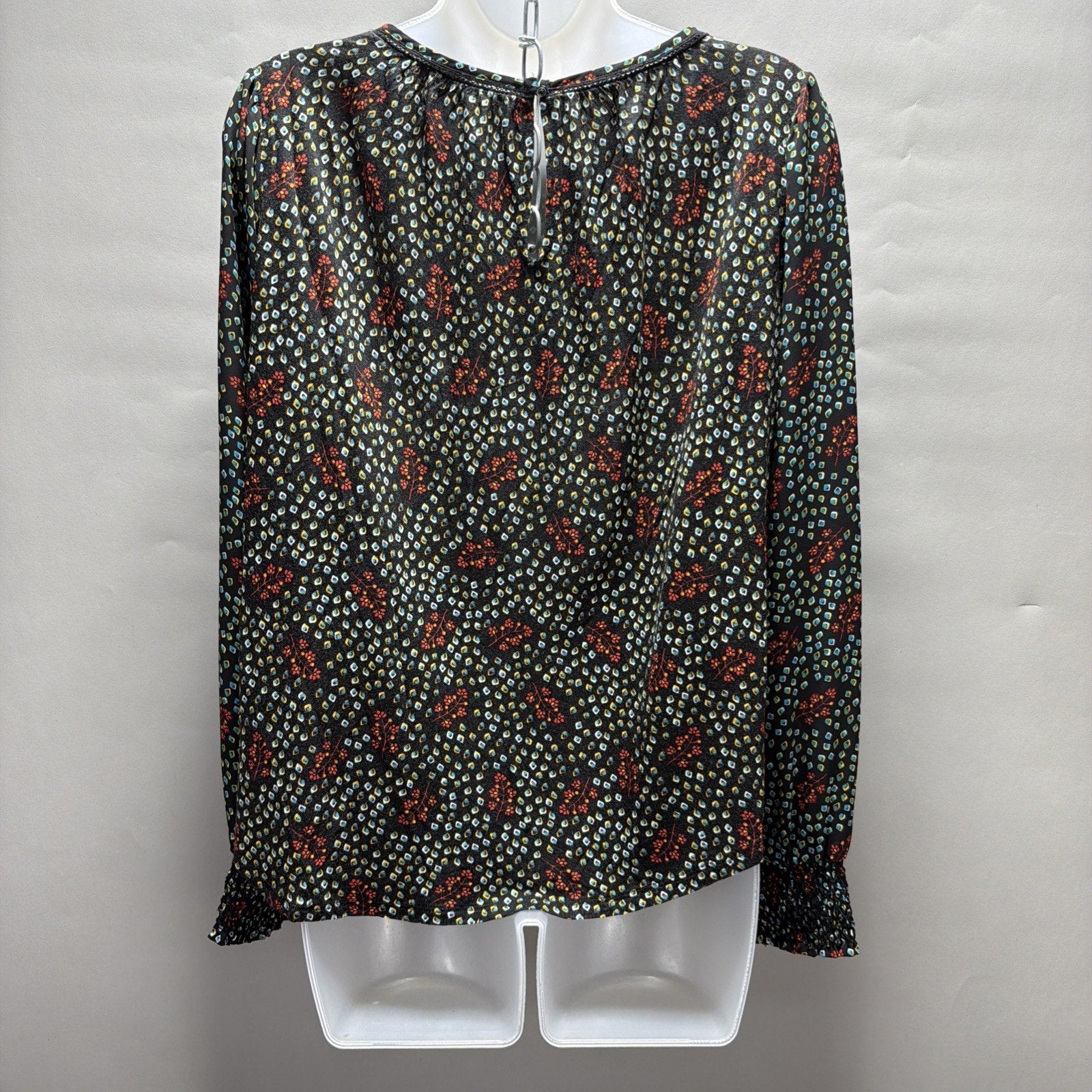 LOFT Black Red Blue Floral Long Sleeve Elastic Wrist Blouse Top Sz XS