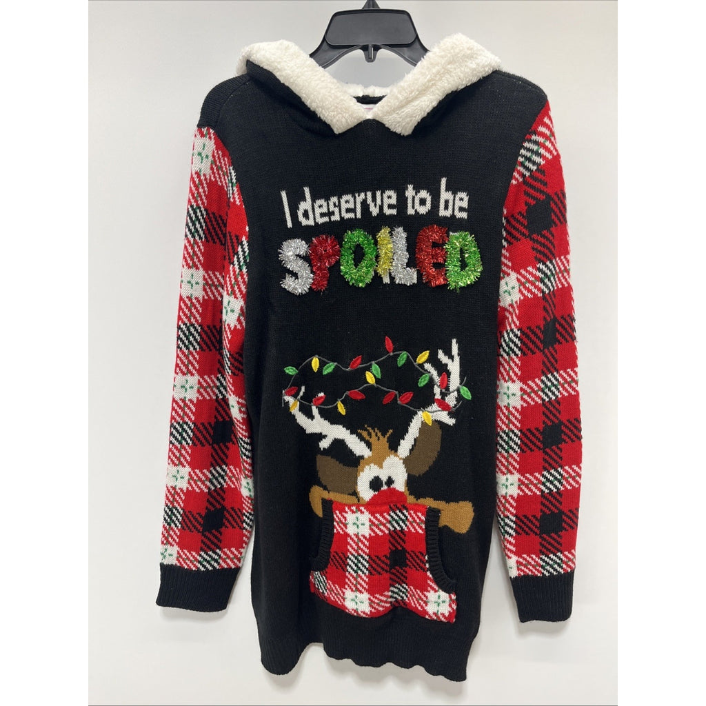 Womens NOBO Black w/Red Plaid Sleeves Hoodie Christmas Tunic Sweater Size XXL