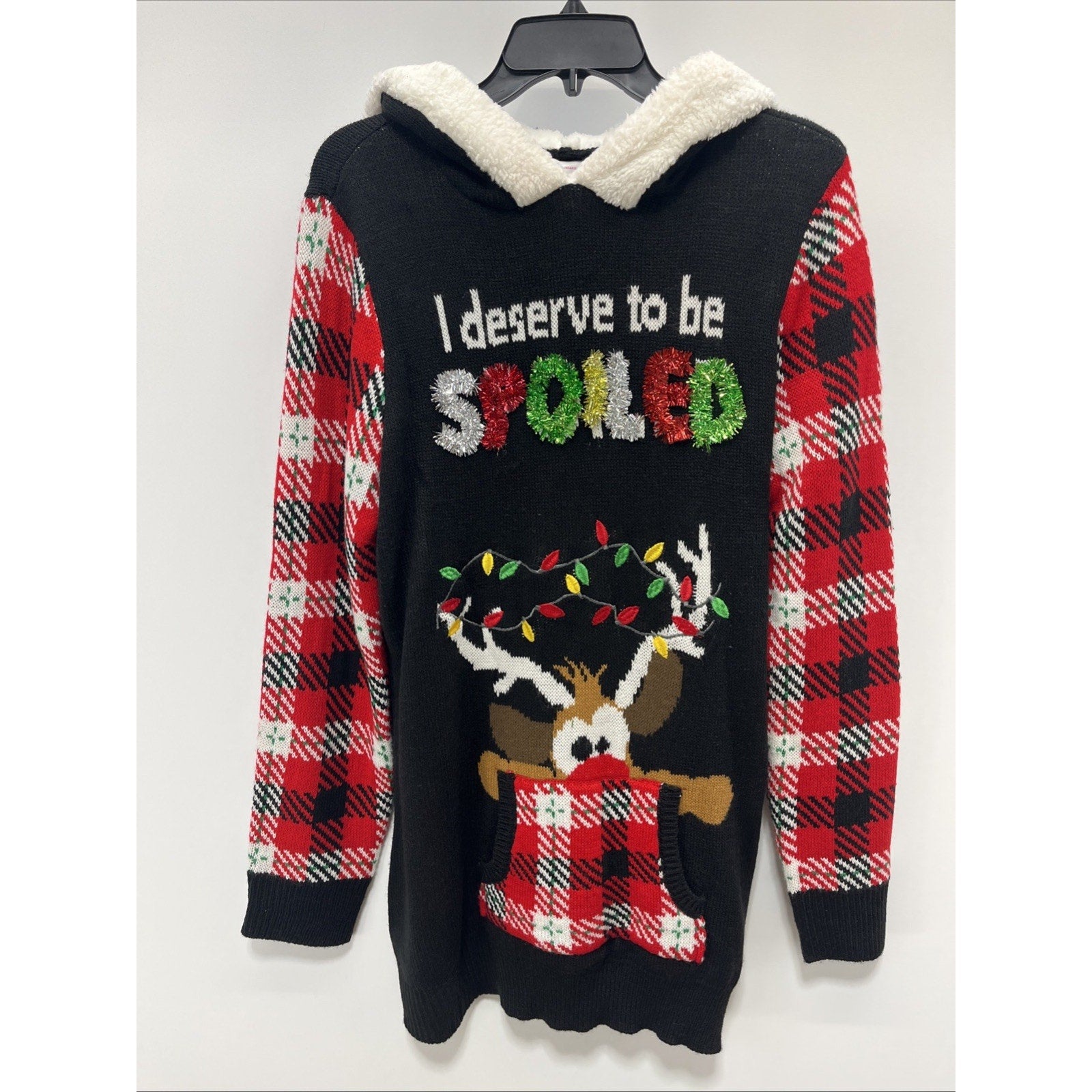 Womens NOBO Black w/Red Plaid Sleeves Hoodie Christmas Tunic Sweater Size XXL