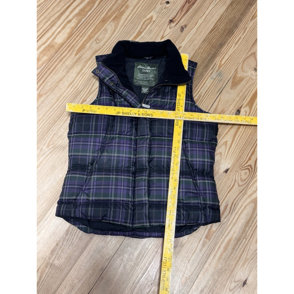 Eddie Bauer Down Vest Purple Green Plaid Goose Down Poly Shell Women’s Size S